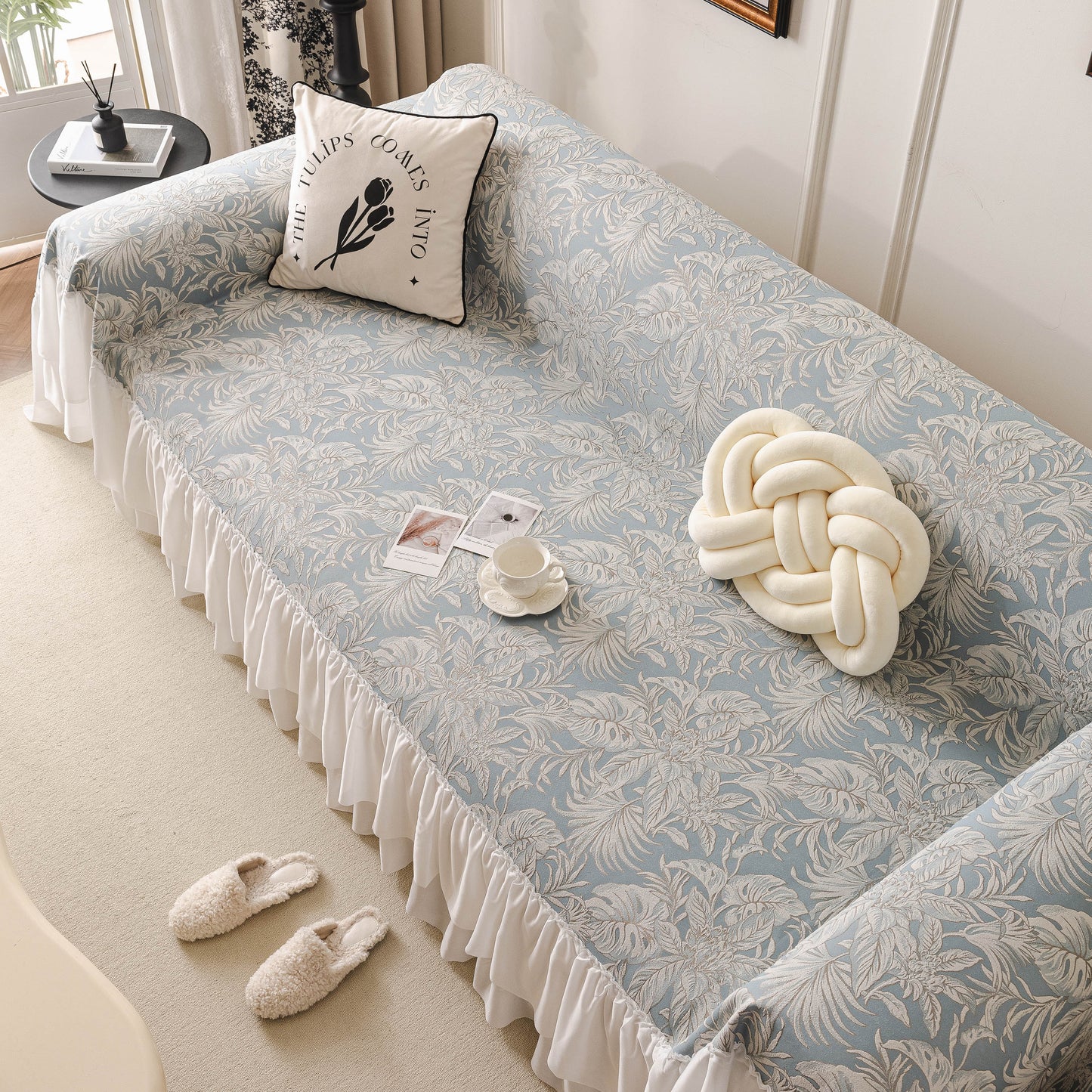 French Chic Style Ruffle Floral Cover Throws for Sofas, Decorative Couch Covers