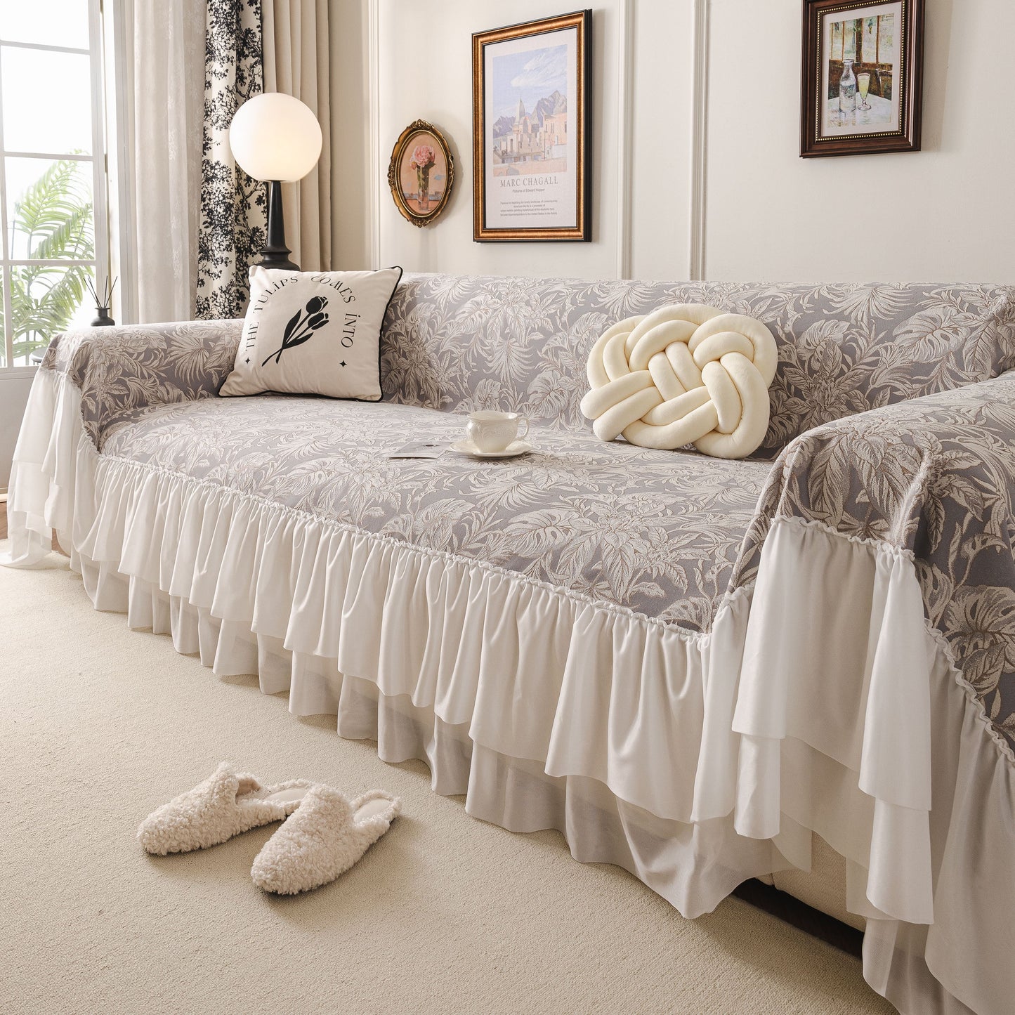 French Chic Style Ruffle Floral Cover Throws for Sofas, Decorative Couch Covers