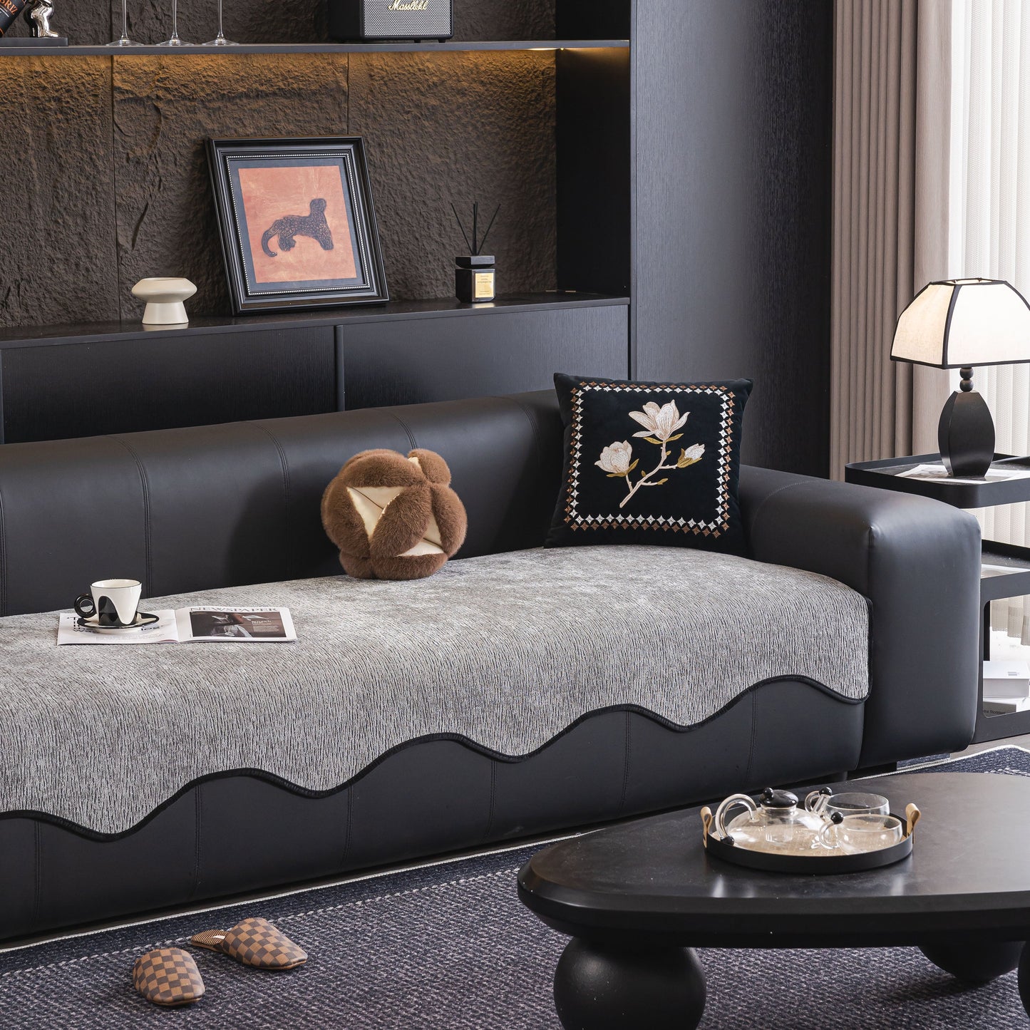 Chenille Couch Cover with Scalloped Edge, Non-Slip Modular Slipcover Sectional