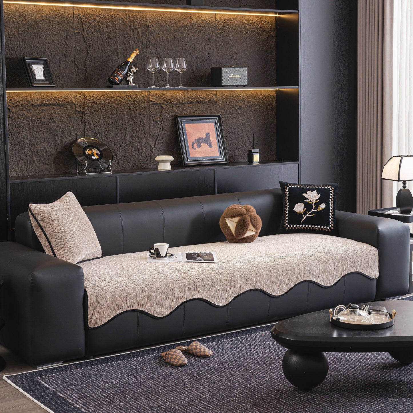 Chenille Couch Cover with Scalloped Edge, Non-Slip Modular Slipcover Sectional