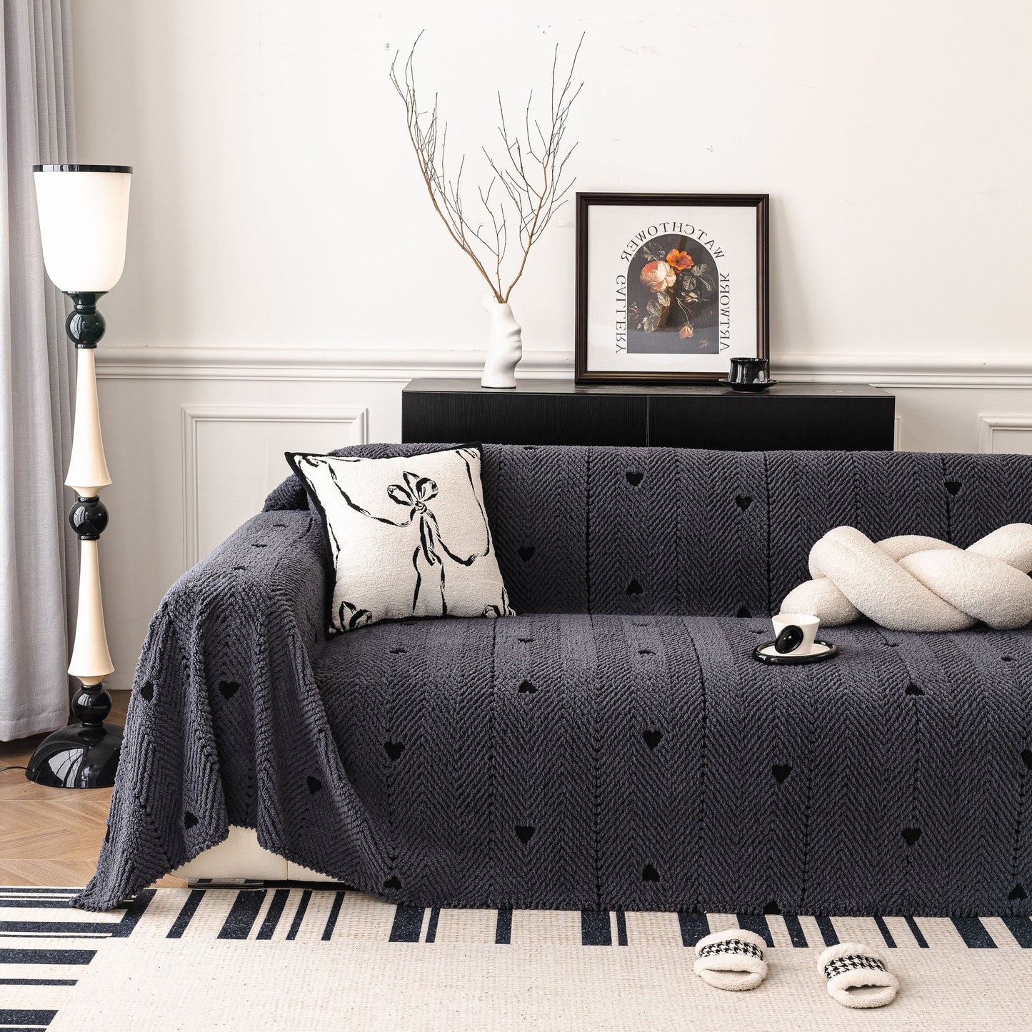 Thick Plush Sofa Cover Throw for Couch, 3D Textured Herringbone Washable Slipcover