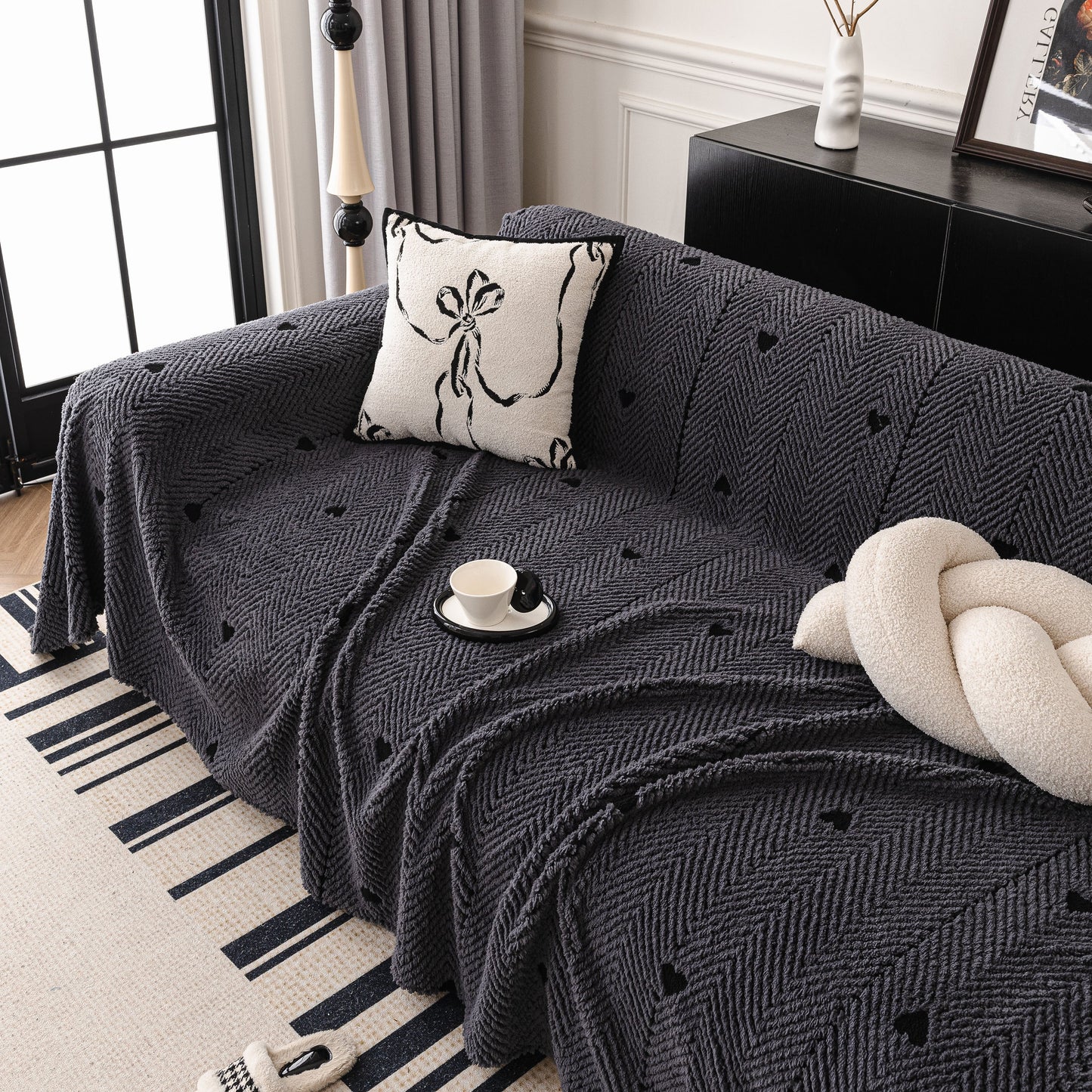 Thick Plush Sofa Cover Throw for Couch, 3D Textured Herringbone Washable Slipcover