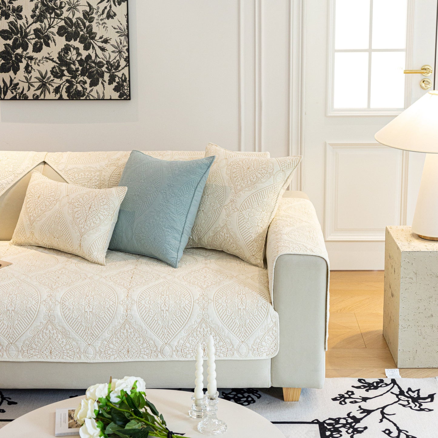 Baroque Sofa Cover – Quilted Cotton, Non-Slip, Washable with Ornate Embroidery