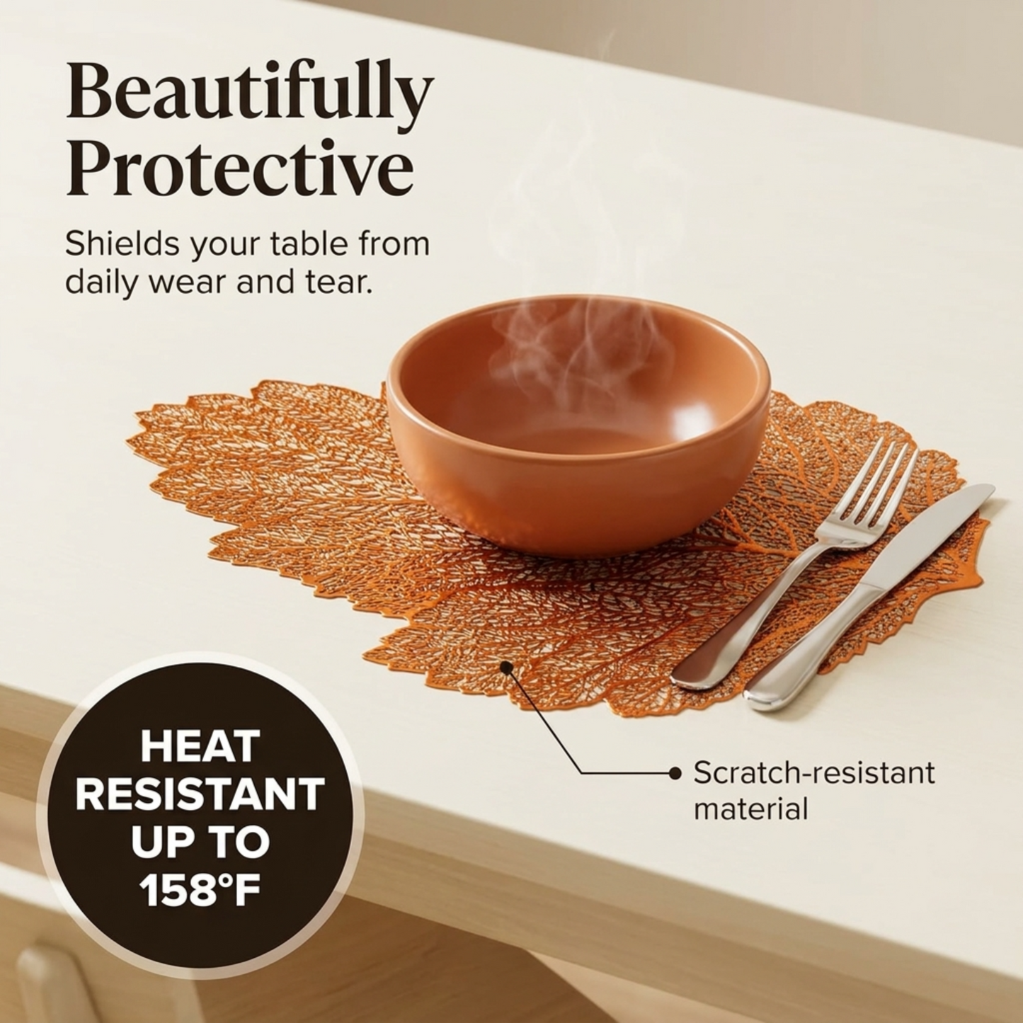 Vinyl Placemats - Rose Gold Leaf Cut Out Set of 6 | Non Slip, Heat Resistant