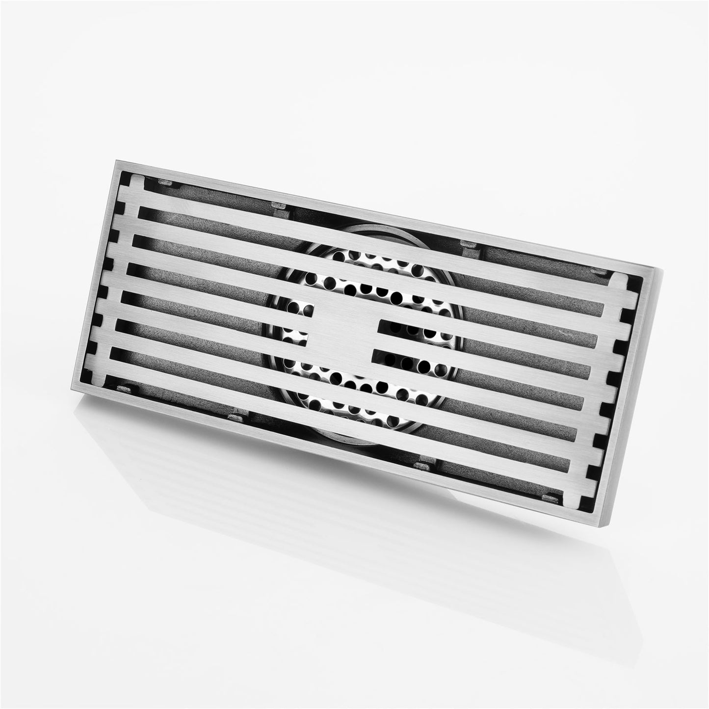 8 Inch Shower Linear Brushed Nickel Drain Rectangular Floor Drain with Accessories Square Hole Pattern Cover Grate Removable Brushed Nickel Brass