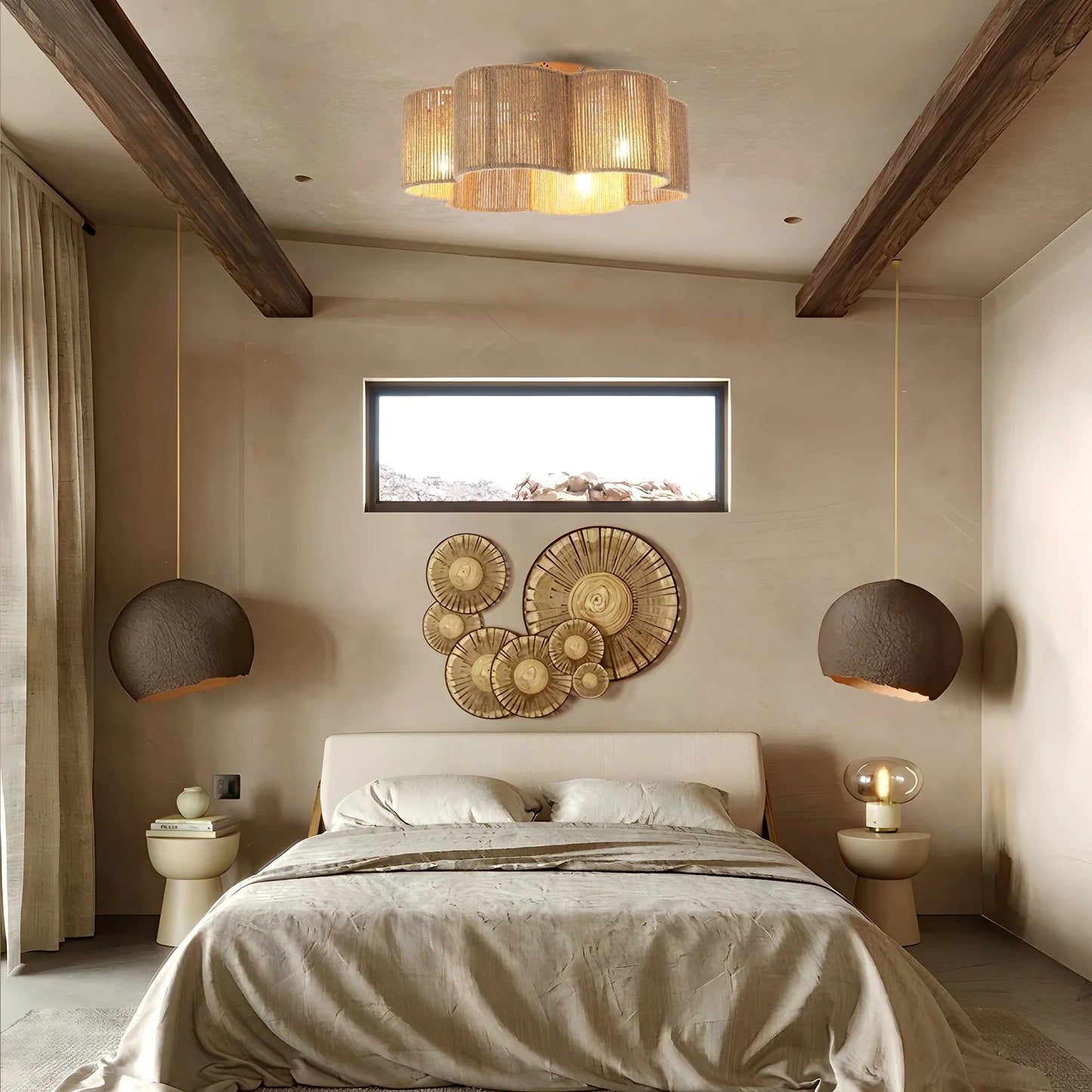 21 Inch Golden Flower-shape Farmhouse Rattan Flush Mount Ceiling Fan with Light APP and Remote Control