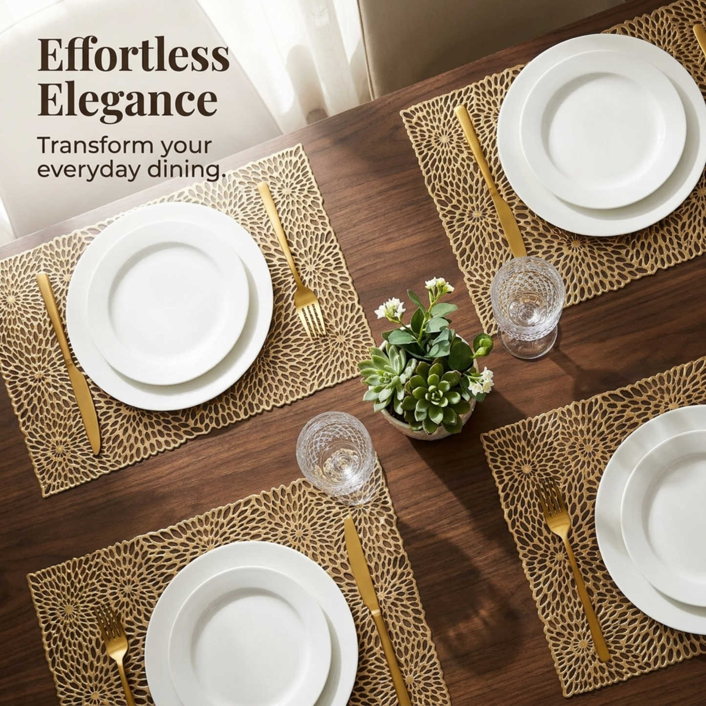 PVC Placemats - Gold Non Slip Table Mats | Heat Resistant Indoor Outdoor Set