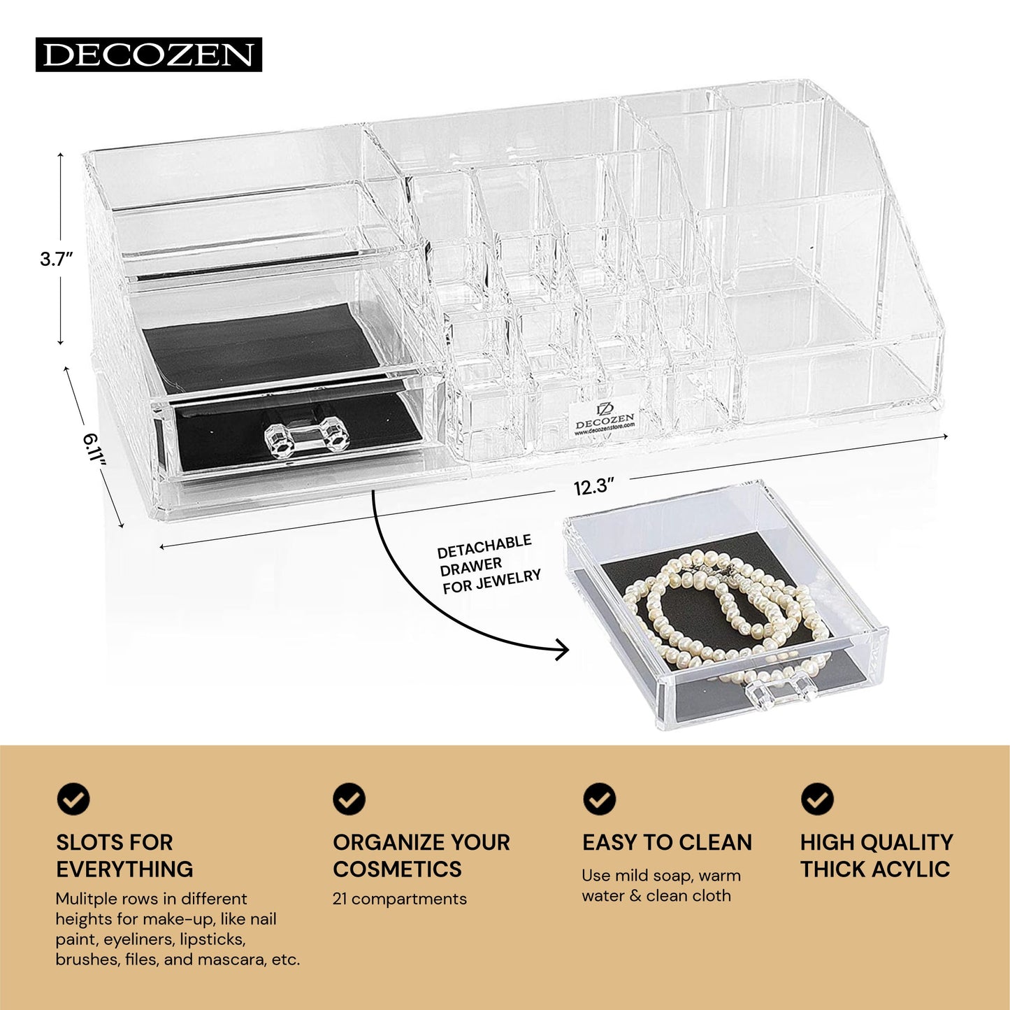 Clear Makeup Organizer - Acrylic Cosmetic Storage Box with 19 Slots & Drawer