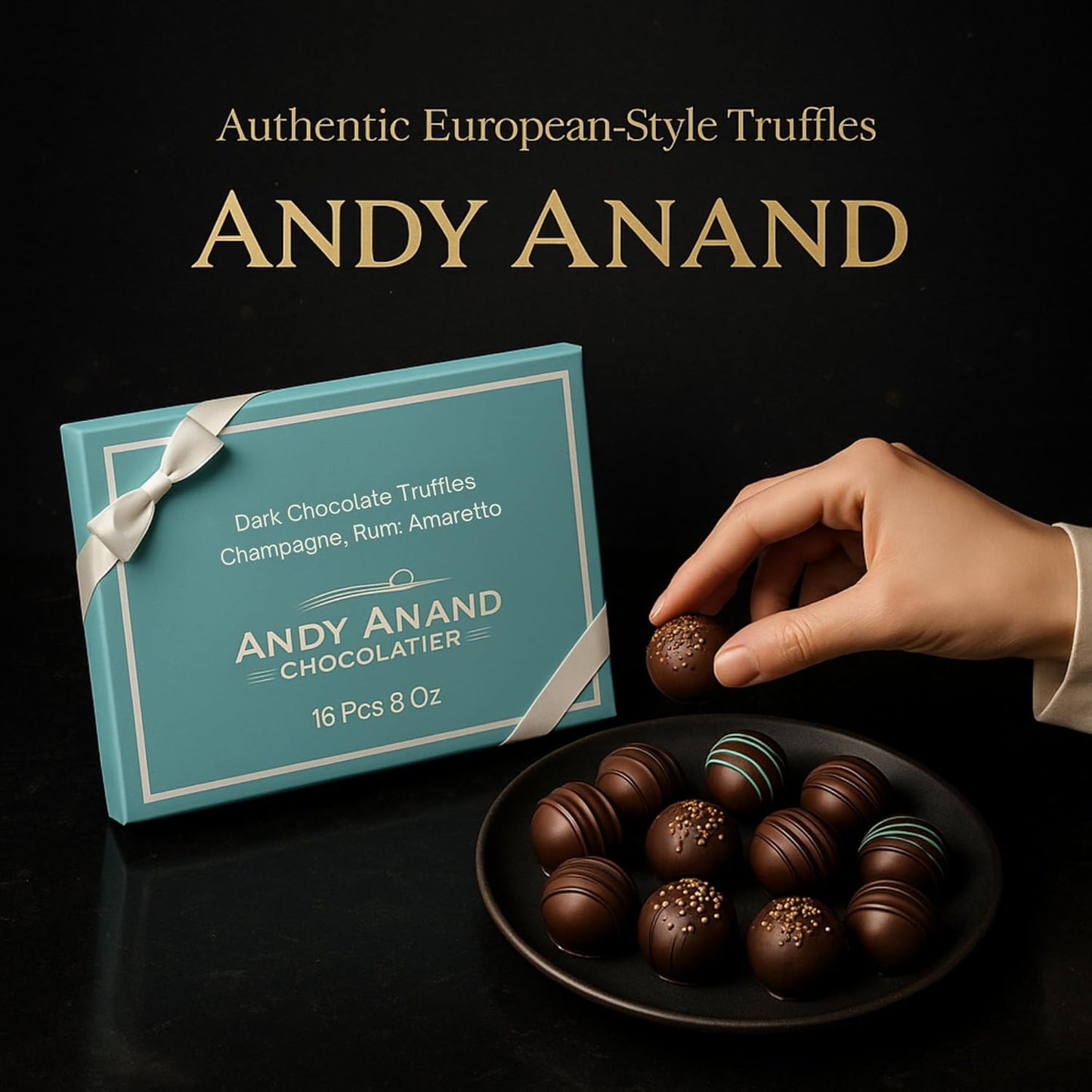Andy Anand chocolate truffles with a hand picking up a truffle and the packaging on a dark background.