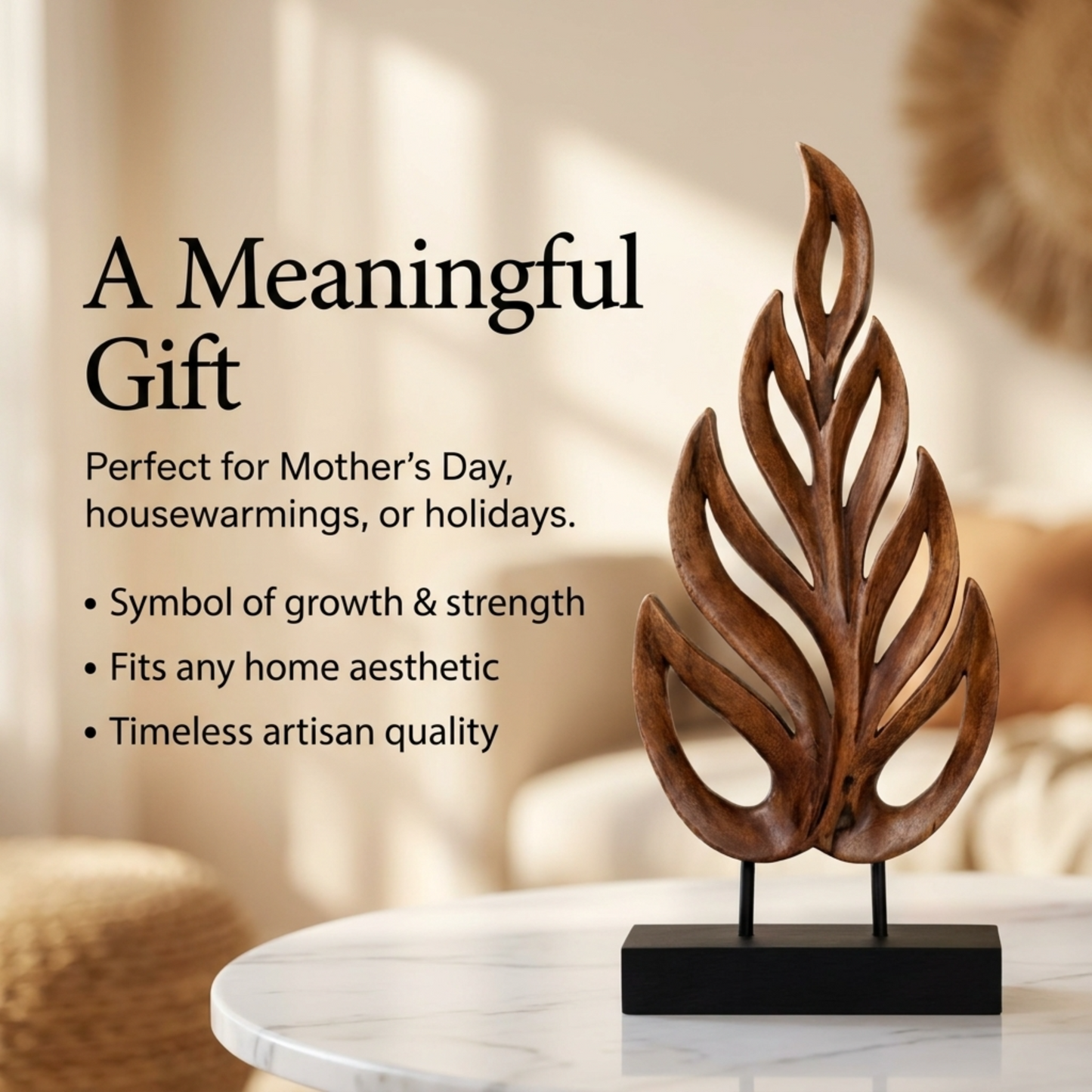 Handmade Wooden Sculpture – Medium Wooden Leaf | Acacia Wood Decor, Nature Inspired Art