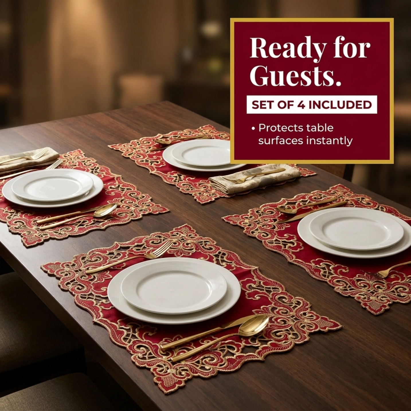 Burgundy Gold Placemats – Rustic Table Decor | Embroidered 12x18 Inch Dining Mats