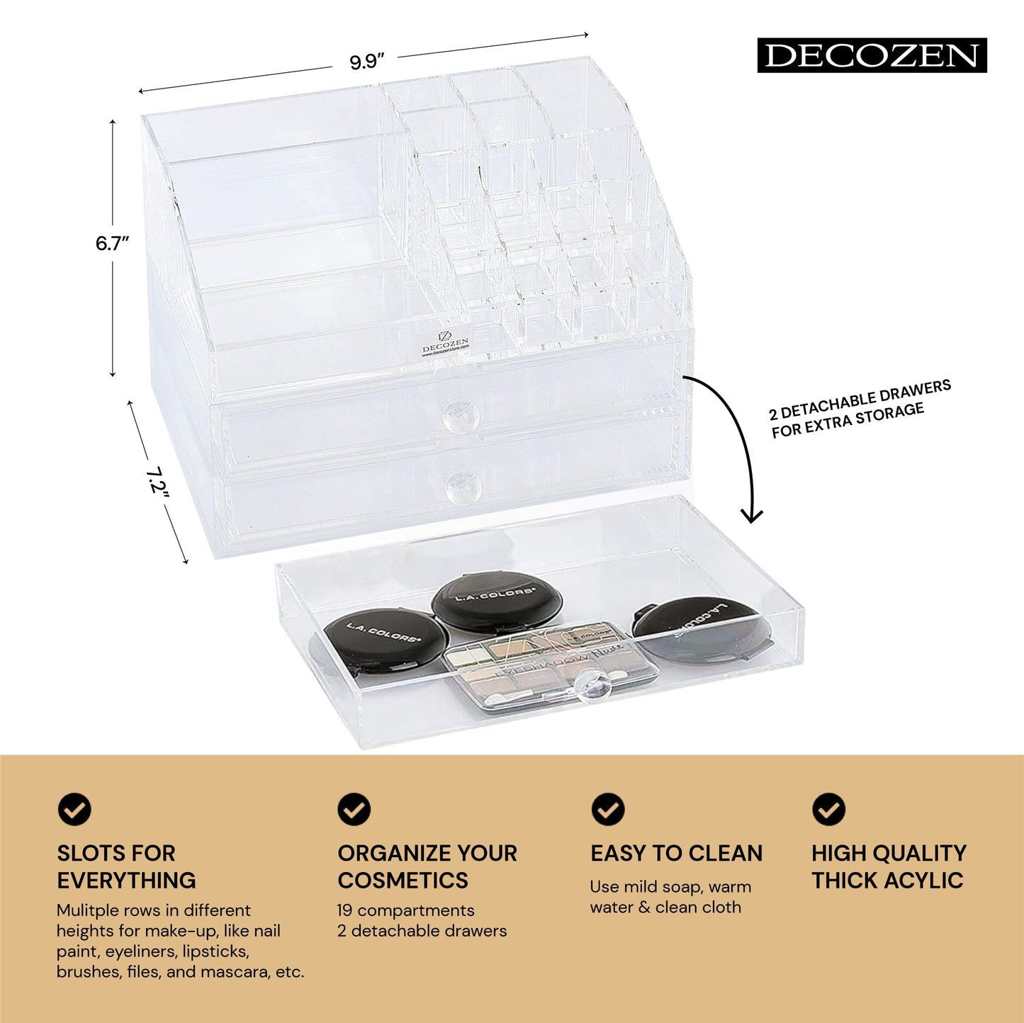 Clear Makeup Organizer - Acrylic Cosmetic Storage Box with 19 Slots & 2 Drawers
