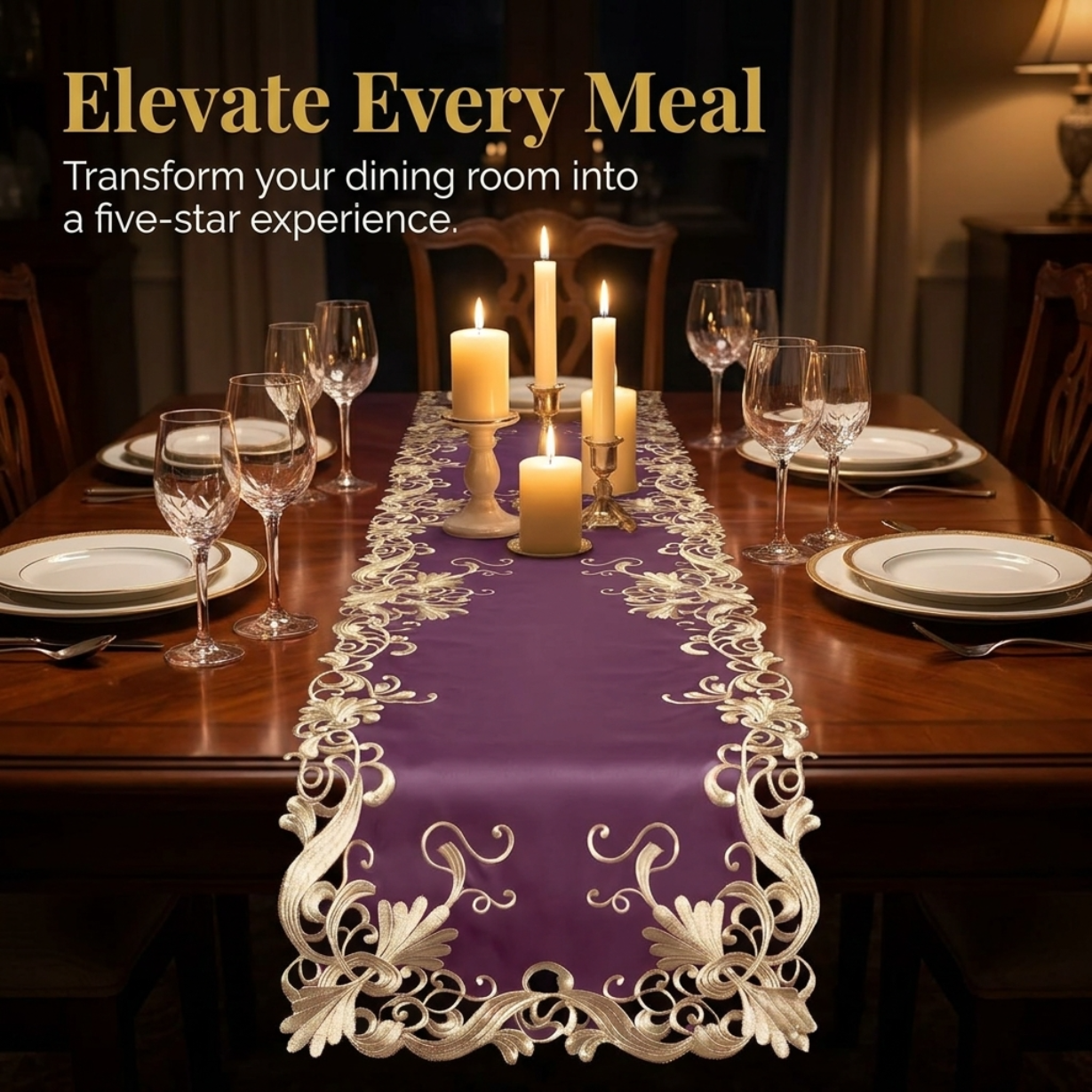 Purple Table Runner – Embroidered Floral Pattern, 14x108 Inch Elegant Linen
