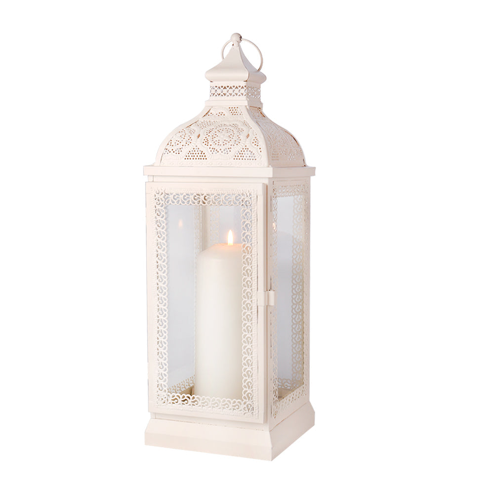Rustic Metal Decorative Candle Lantern Hanging Candle Holder with Tempered Glass White featuring a lit candle inside