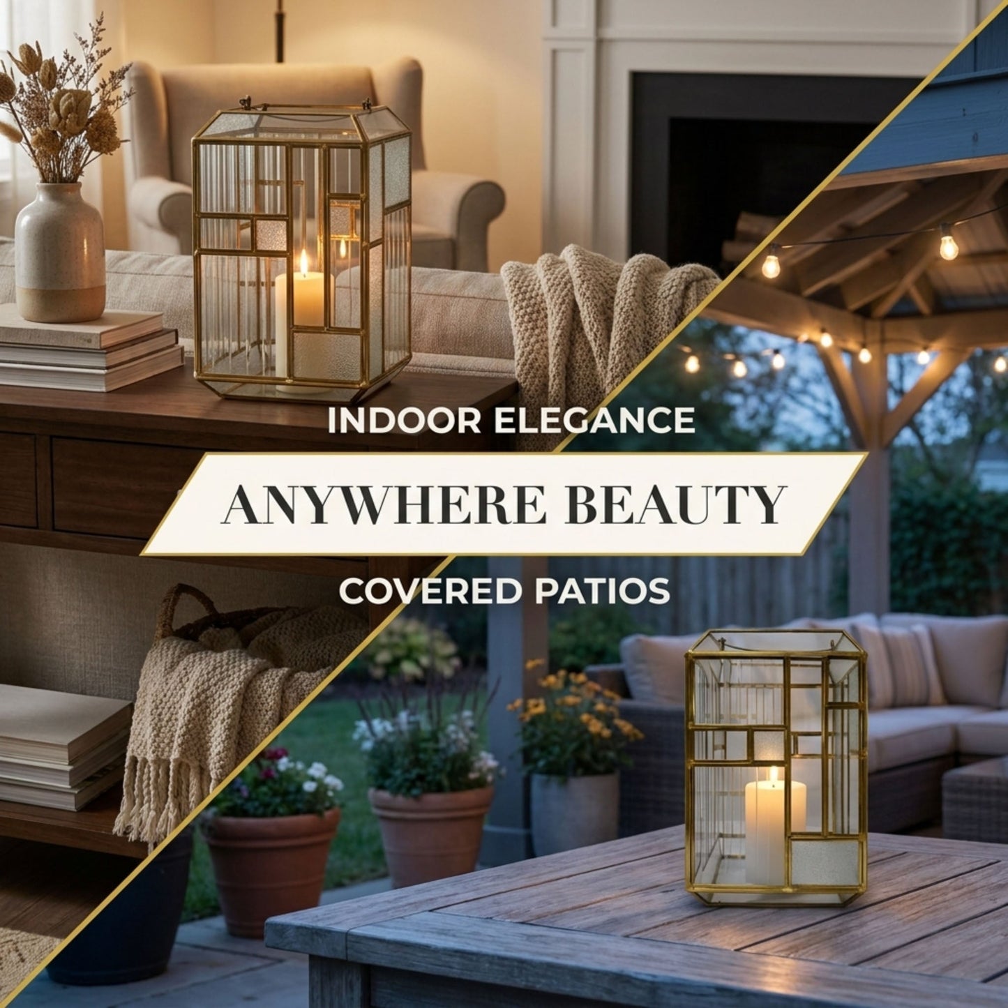 Gold Candle Holder - Modern Glass Metal Lantern for Pillar Candles Indoor & Outdoor Decor