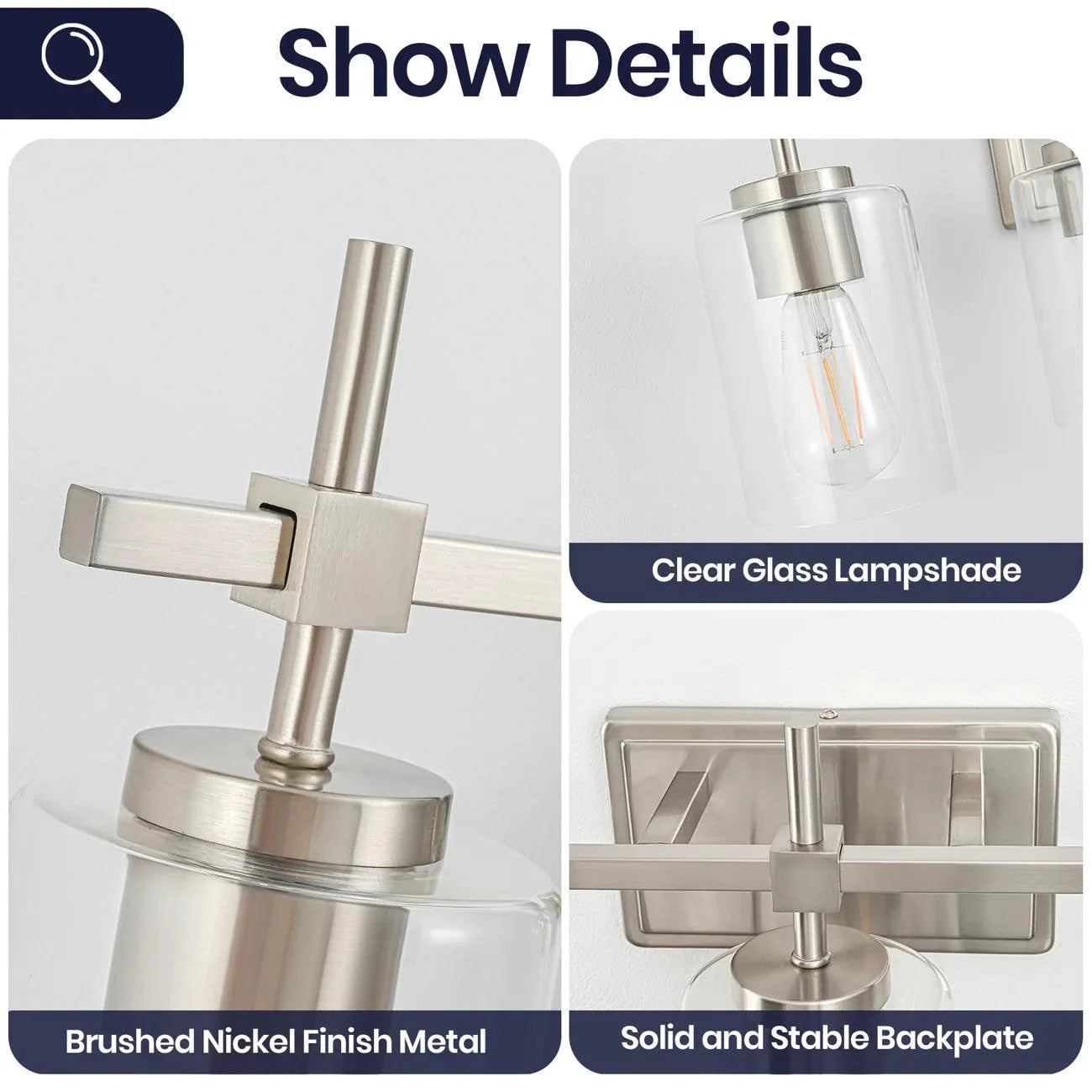 Jasper 3-Light Modern Clear Glass Bathroom Vanity Light, Black & Nickel