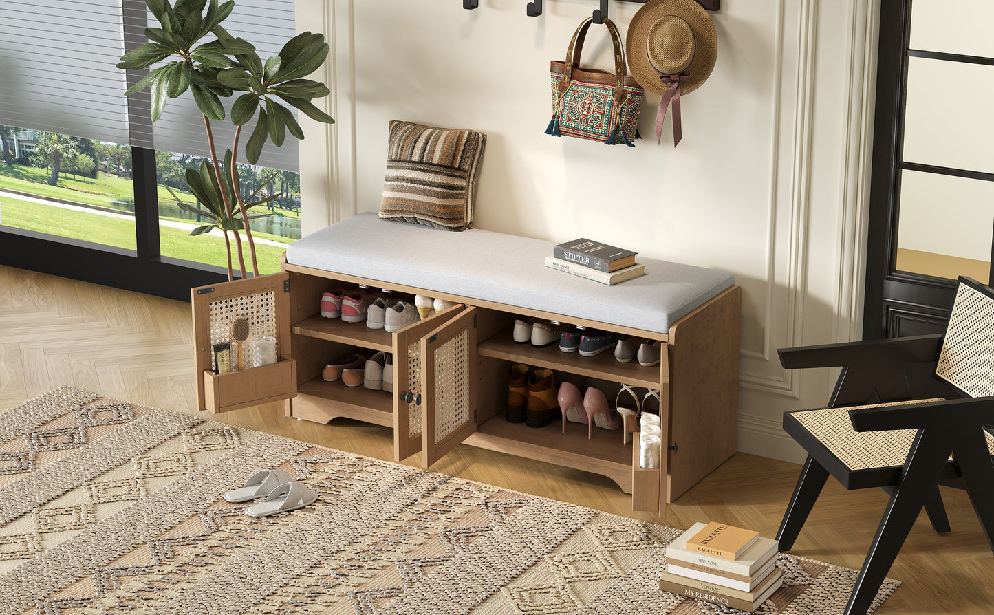 TREXM Rustic Storage Bench Multifunctional Wood Entryway Shoe Bench