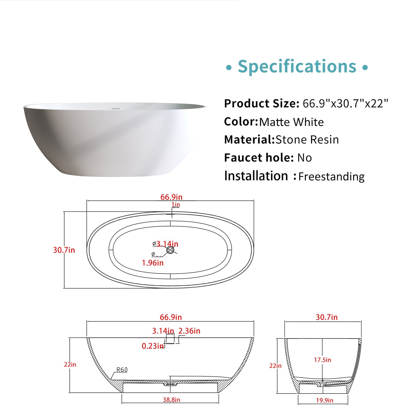 66.9″ Solid Surface Matte Soaking Tub