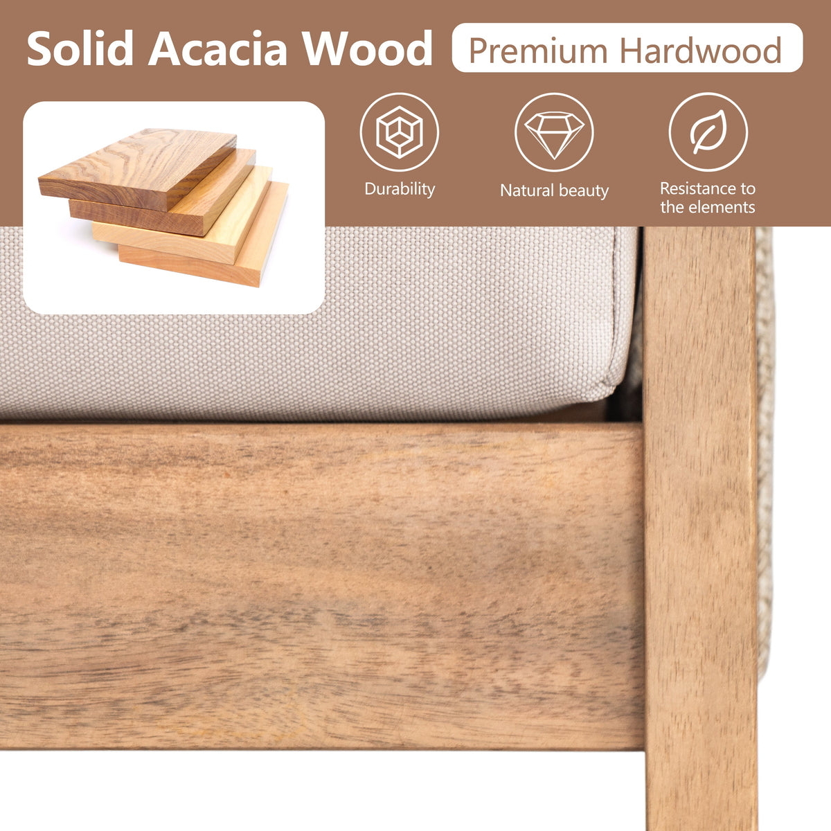 Outdoor Acacia Wood and Rope 3 Seater Patio Sofa