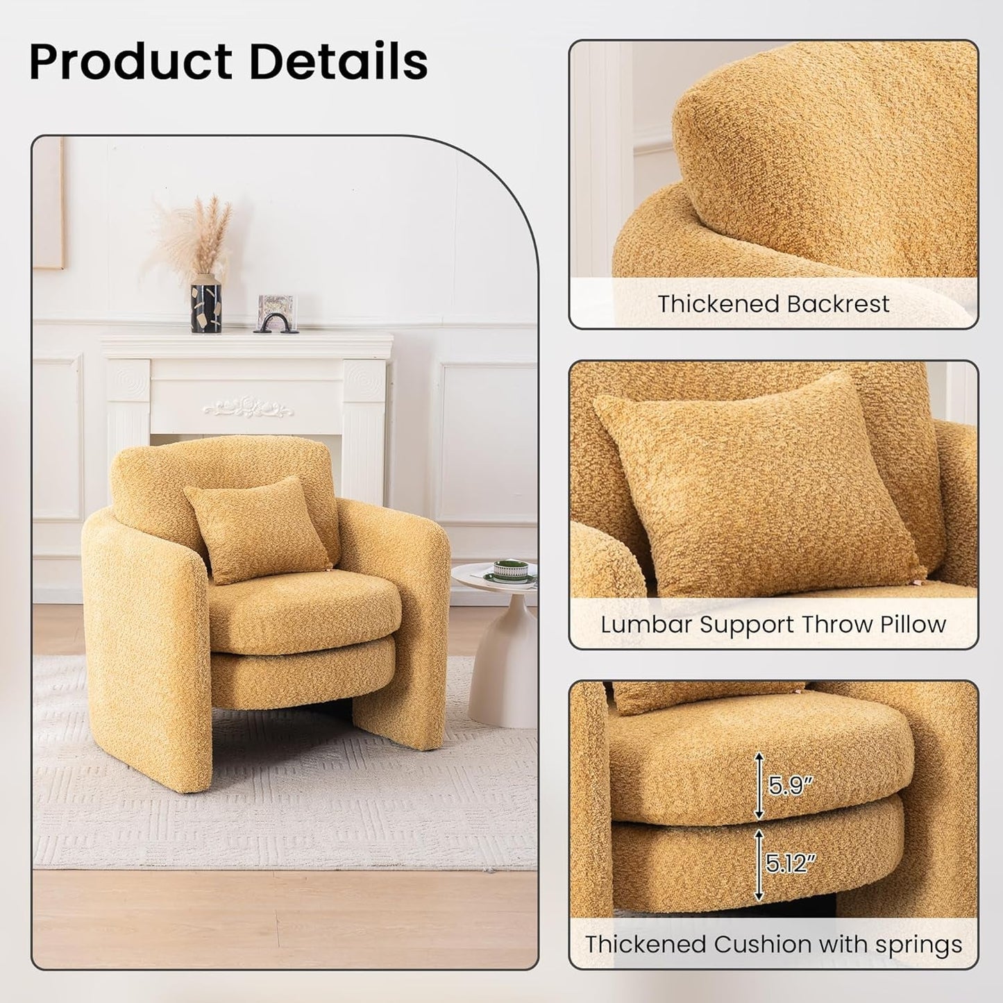 Oversized Accent Chair Yellow Chenille Armchair Living