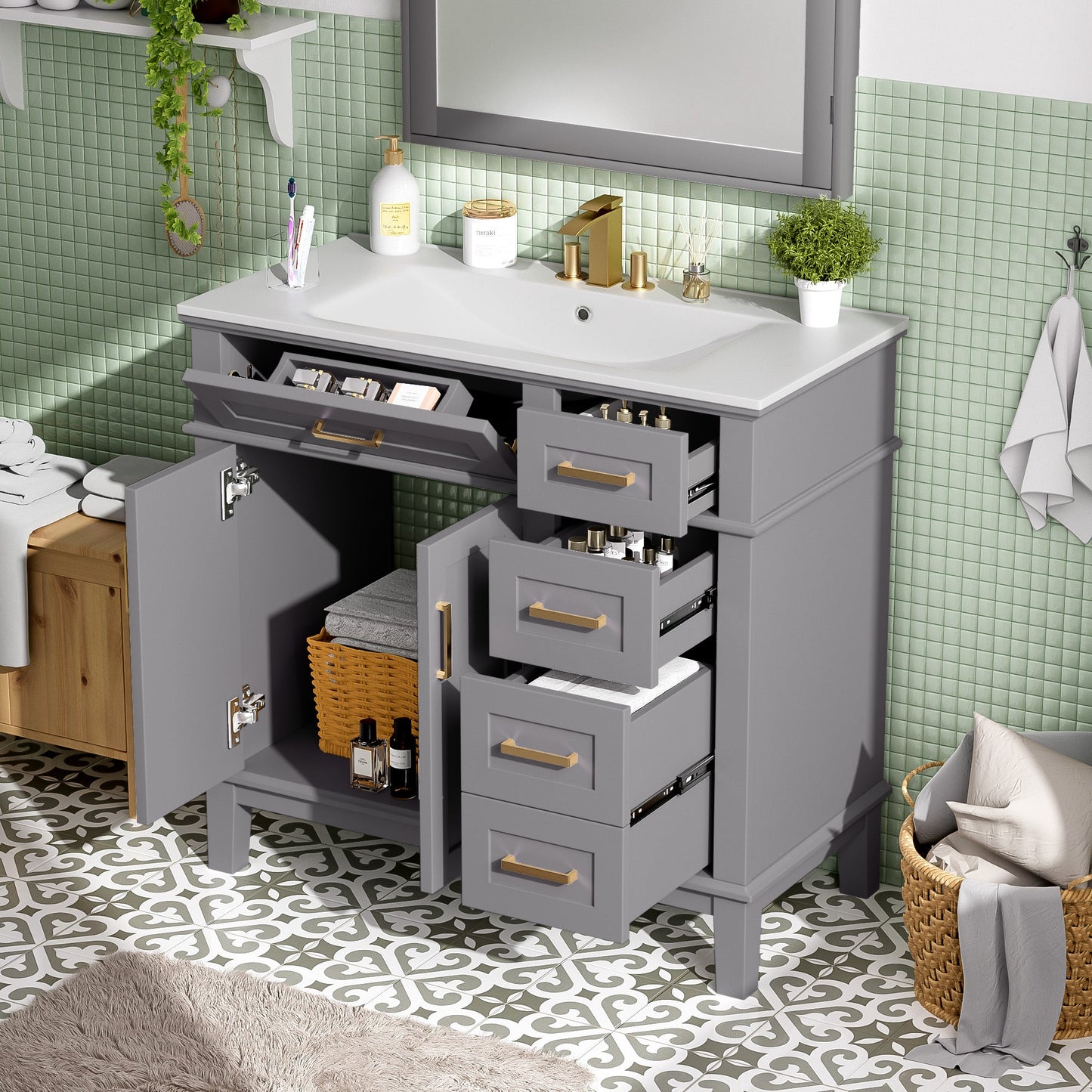 36-Inch White Modern Bathroom Vanity with Ceramic Sink