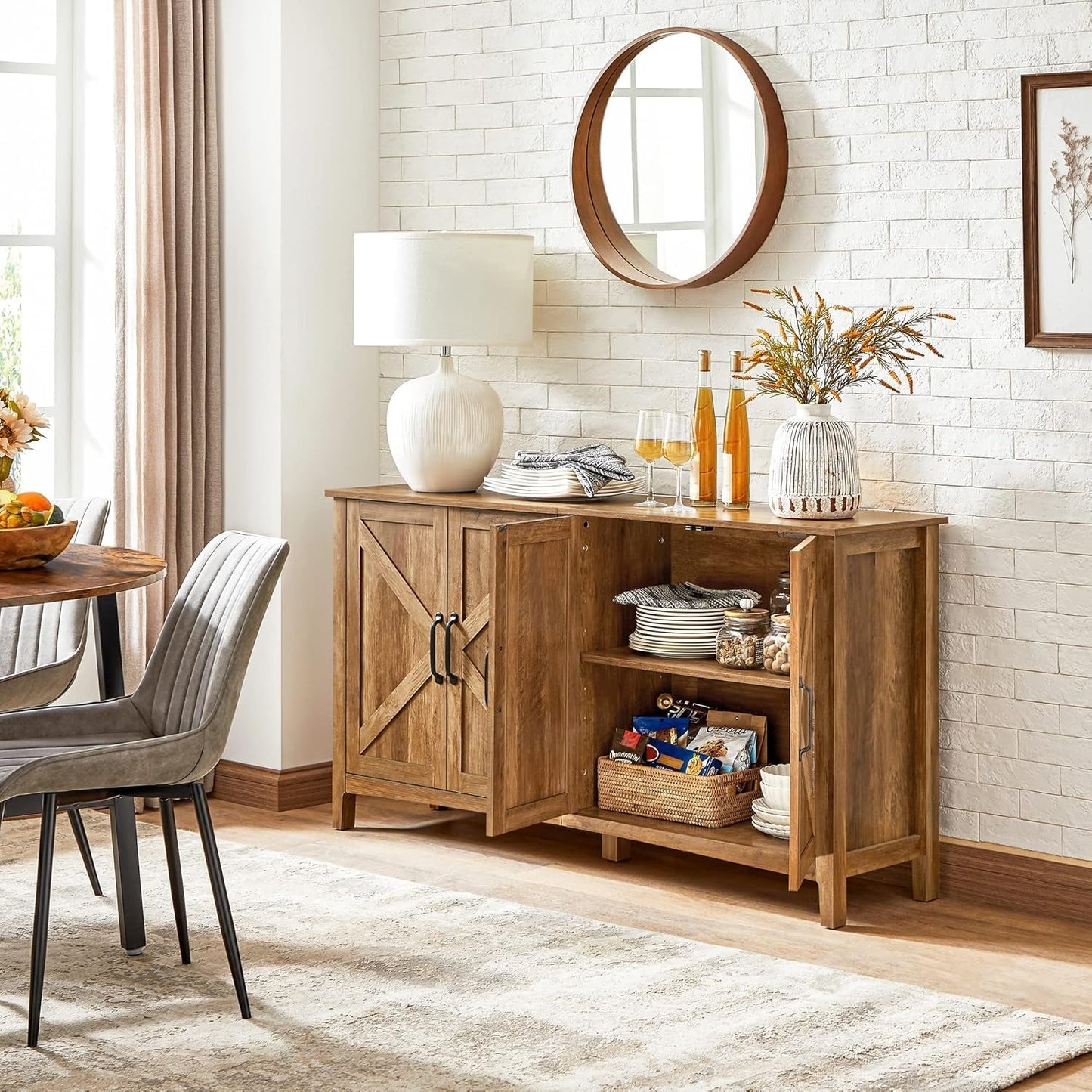 Rustic Walnut Buffet Cabinet With Adjustable Shelves