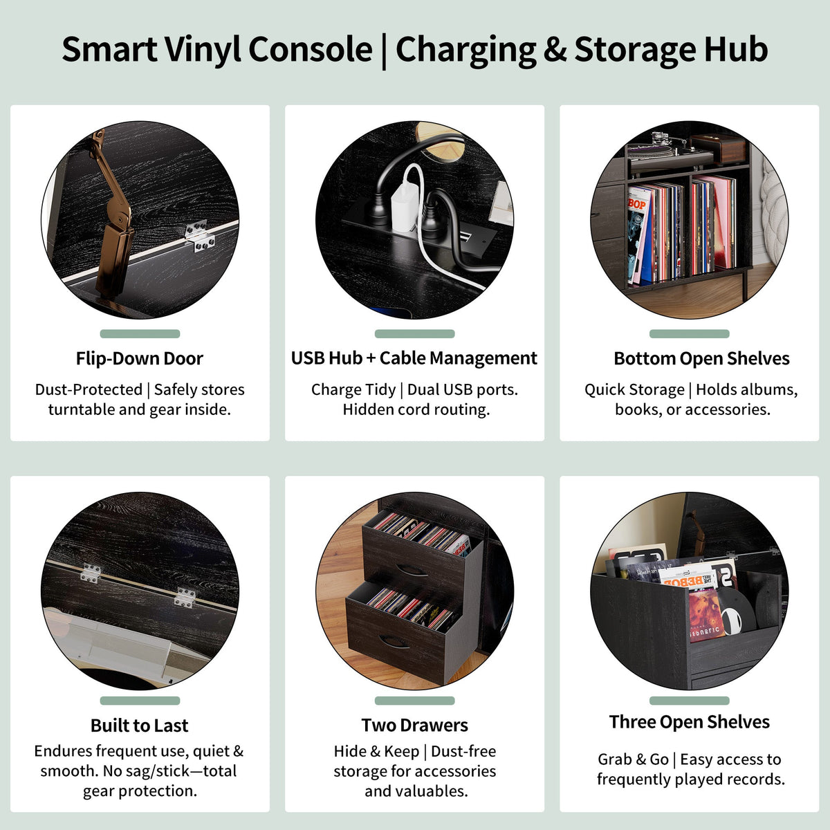 Eco-Friendly Record Player Stand with Flip-Top Storage Cabinet