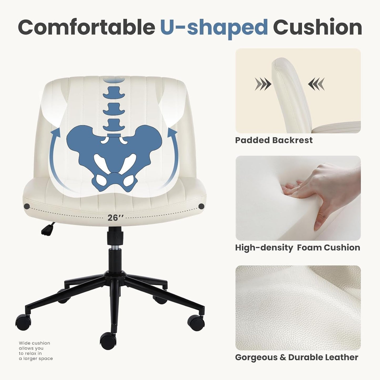 Cream Leather Swivel Task Chair With Dual Purpose Base