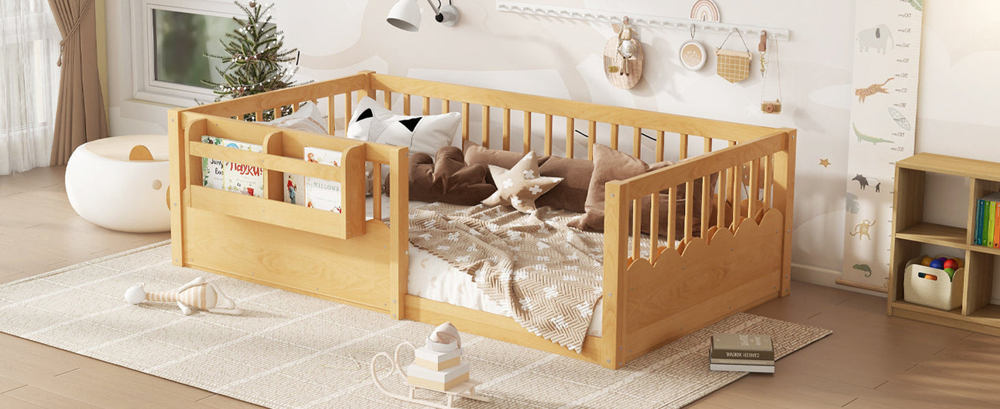 Twin Floor bed with Heightened Fence and bookshelf ,Wood Floor Bed for Kids, Natural.