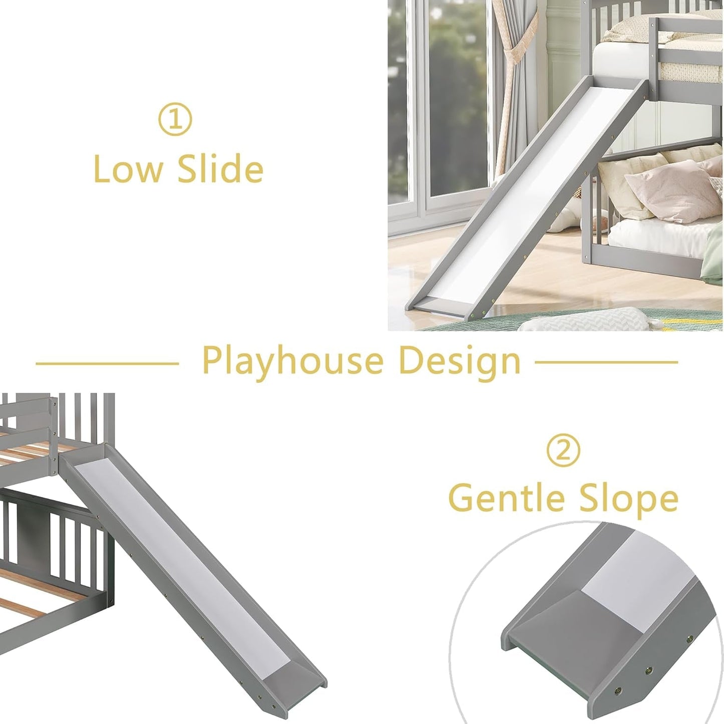 Twin Over Twin Bunk Bed With Slide In Gray For Kids
