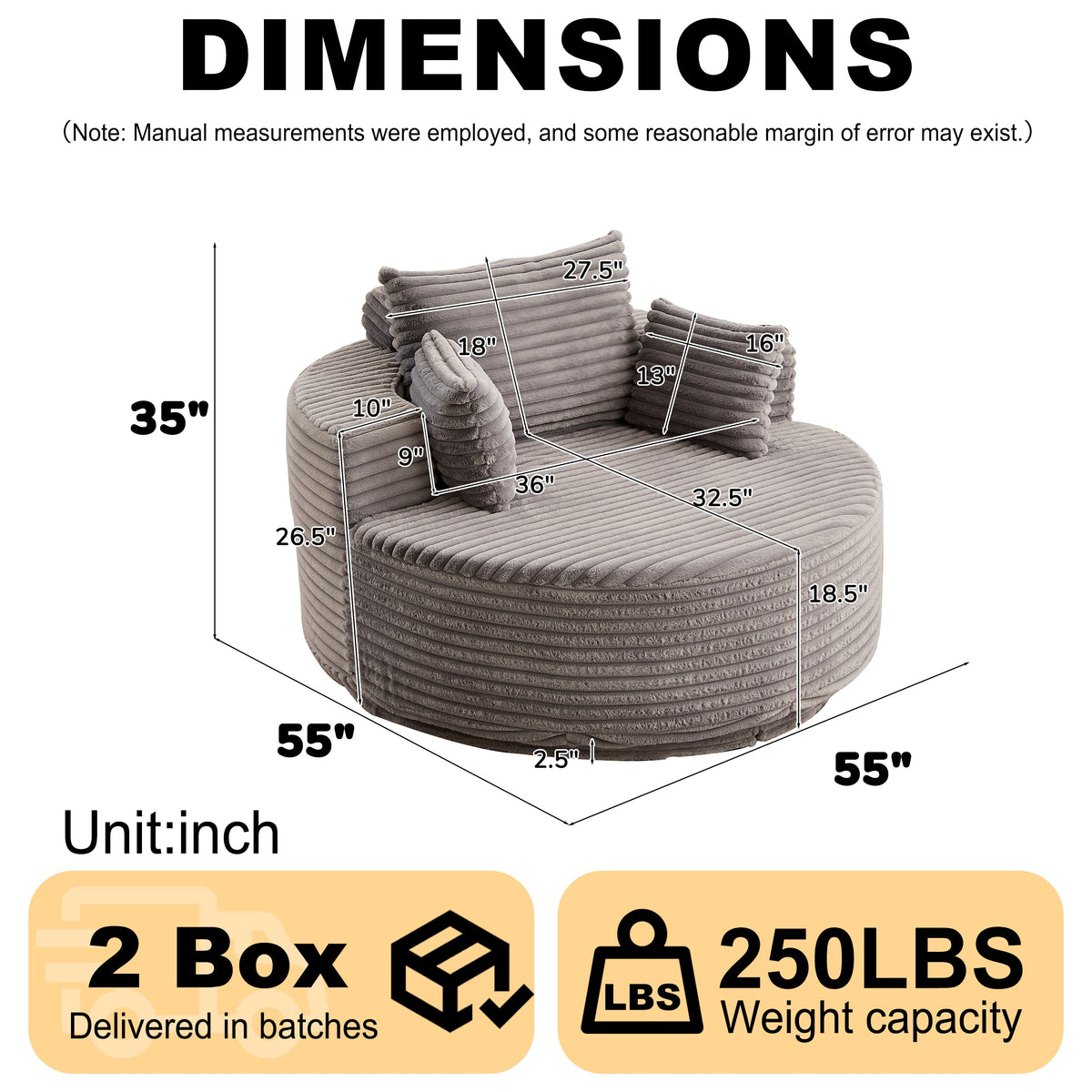 55'' Corduroy Foam Single Swivel Chair