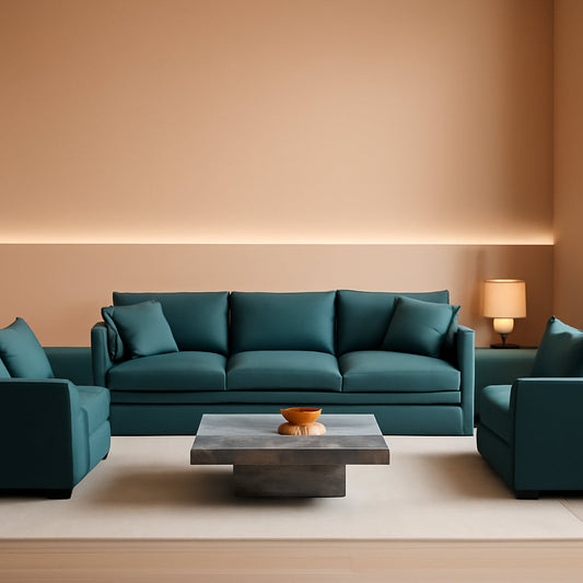 Blue Chenille Three Piece Sofa Set With Seven Pillows