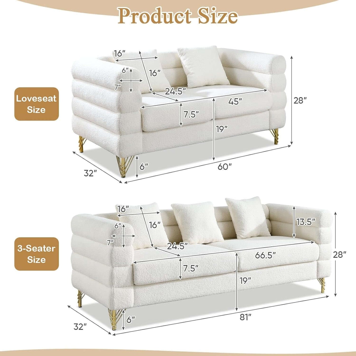 Product size chart for Two Piece Living Room Sofa Set White, featuring loveseat and 3-seater dimensions.