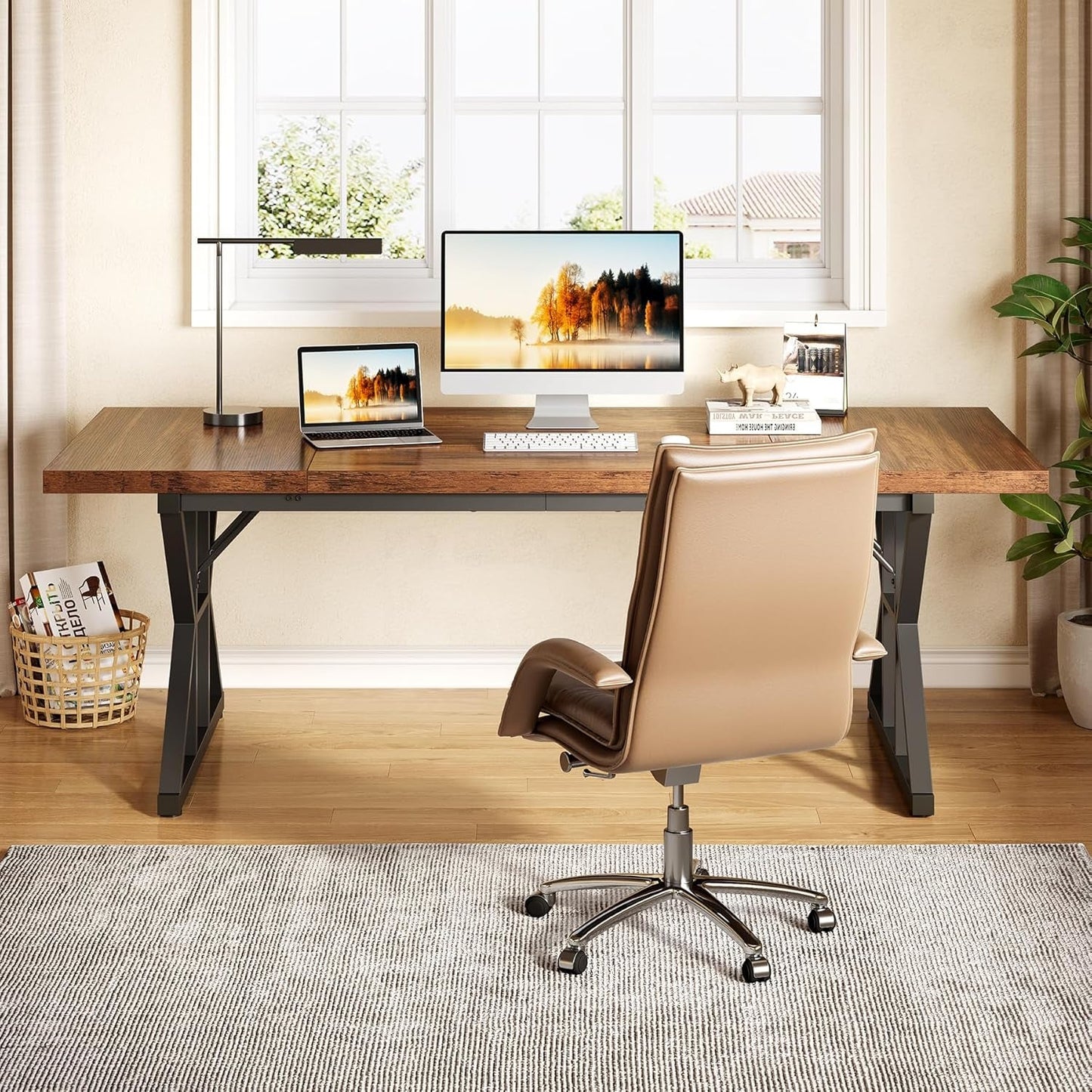 70.8 Inch Modern Executive Desk Brown Black Wood Office