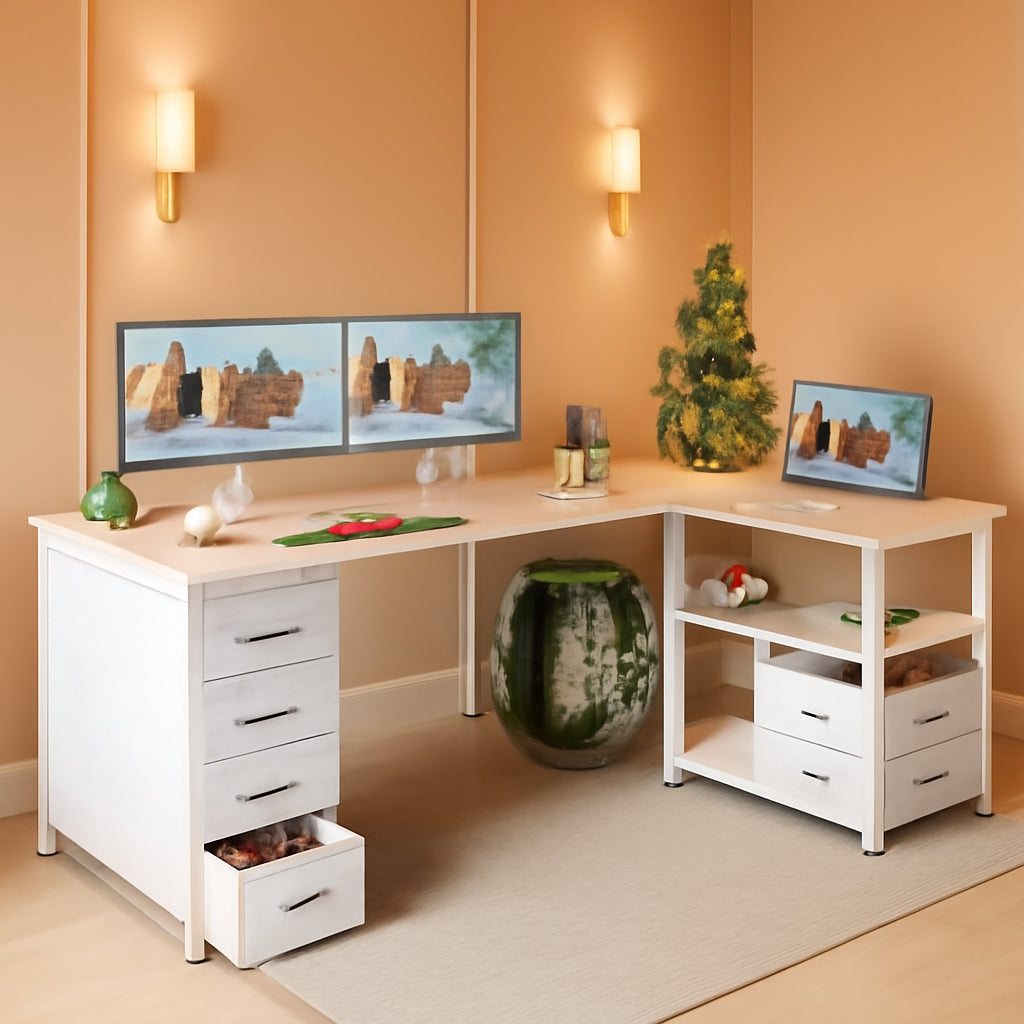 L Shaped Computer Desk 6 Drawers Power Outlet 55In White