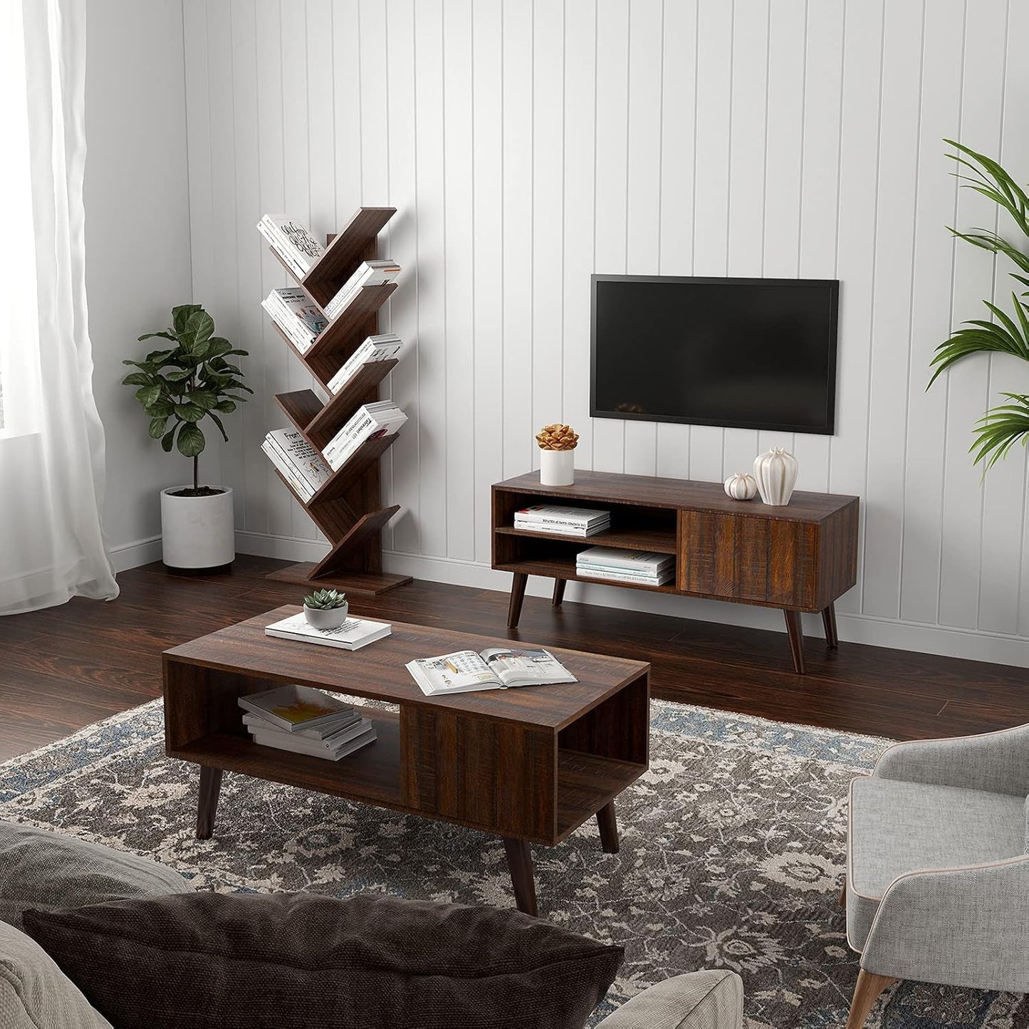 Walnut 9-Tier Tree Bookshelf Space-Saving Corner Shelf