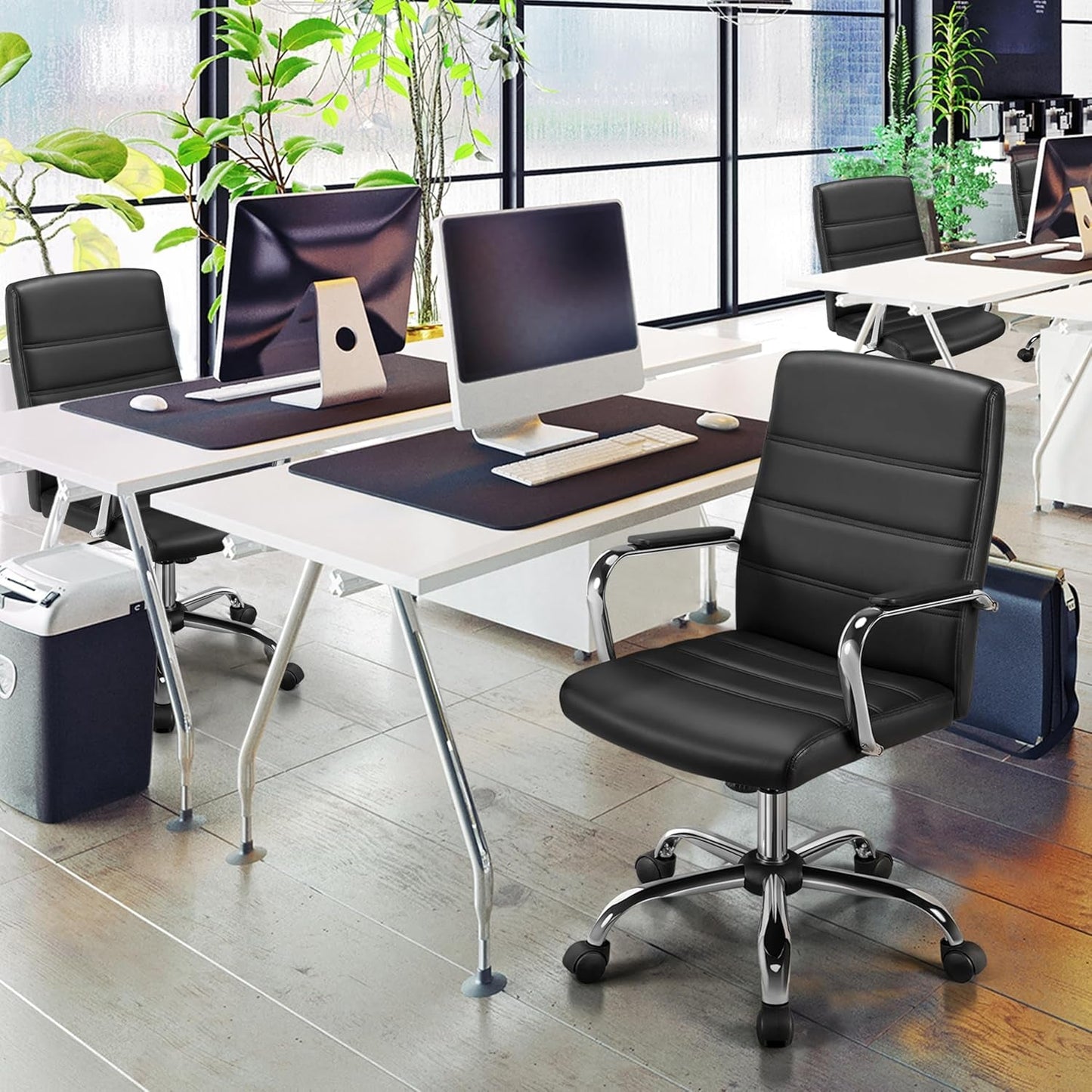 Ergonomic Mid Back Office Chair Black PU Leather With Lumbar Support