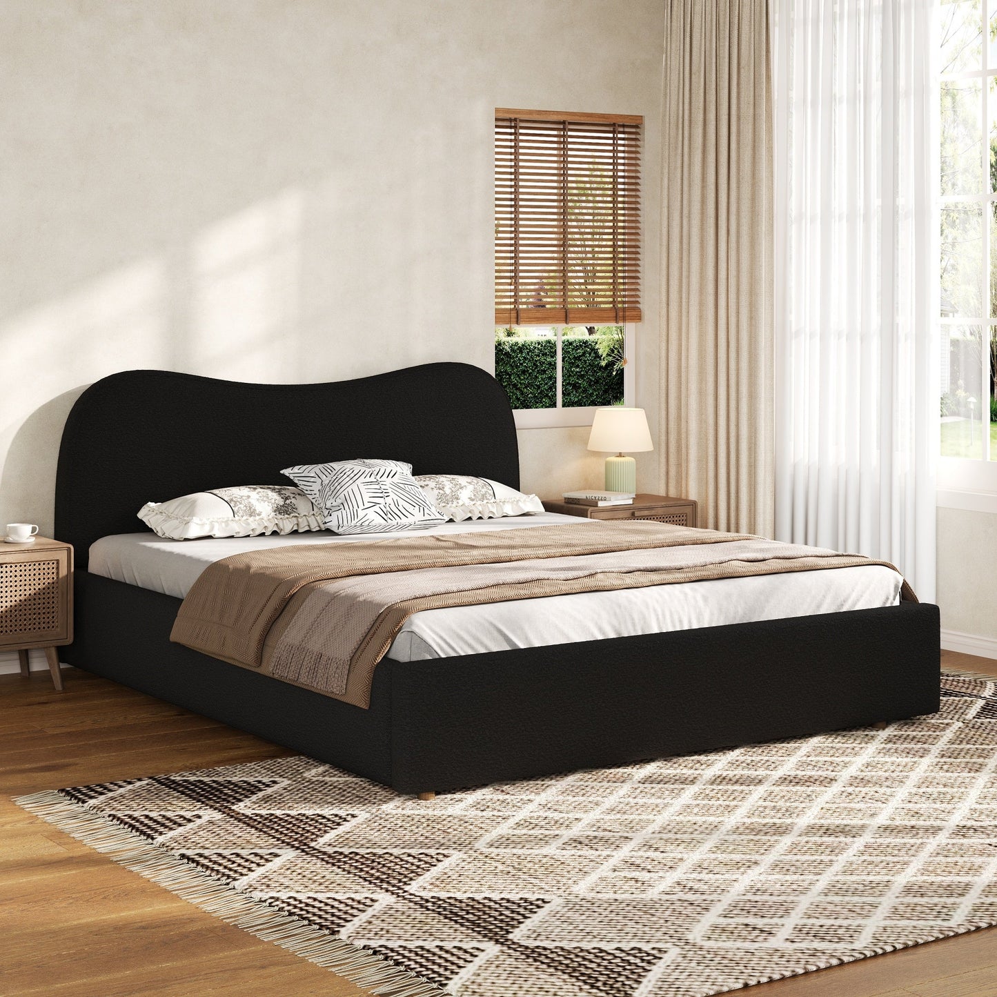 Queen Size Upholstered Platform Bed with Wooden Slats