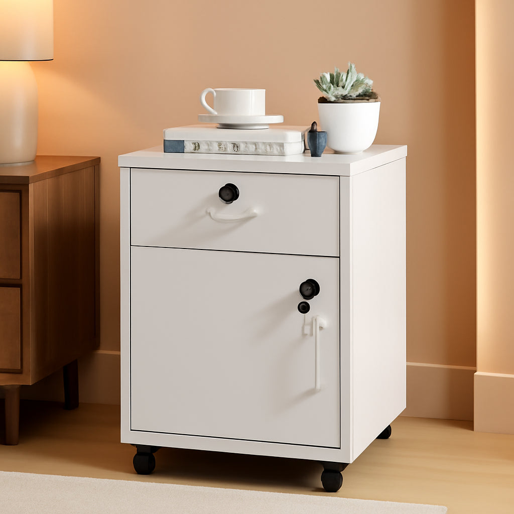 White Mobile File Cabinet With Lockable Drawer And Door