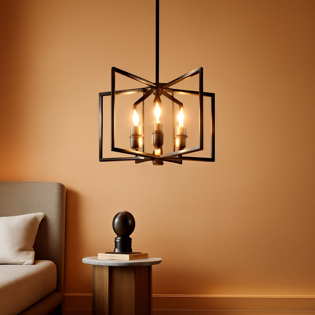 Six Light Black Farmhouse Chandelier For Kitchen Island hanging in a cozy living space with warm lighting.
