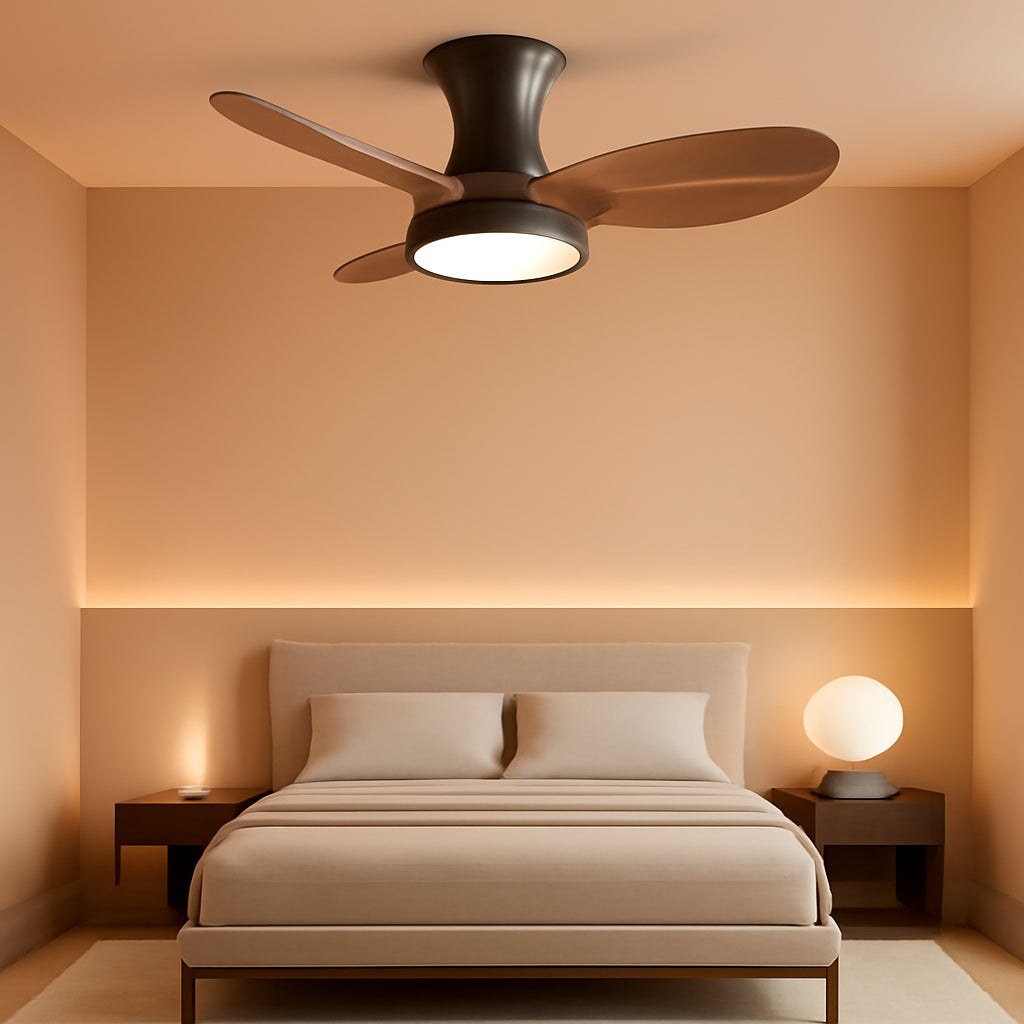 32 Inch Quiet Ceiling Fan With LED Light Remote Control Walnut Finish in a modern bedroom setting with warm lighting.