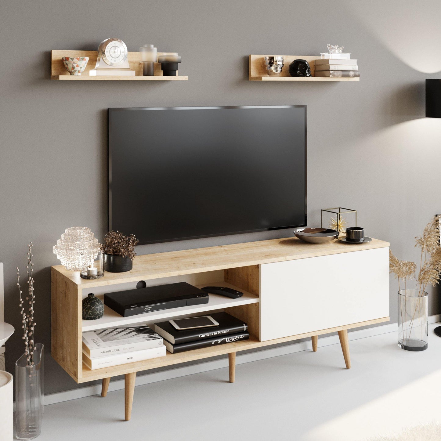 Pi 63" Wide TV Stand with Wall Shelves for TVs up to 72"