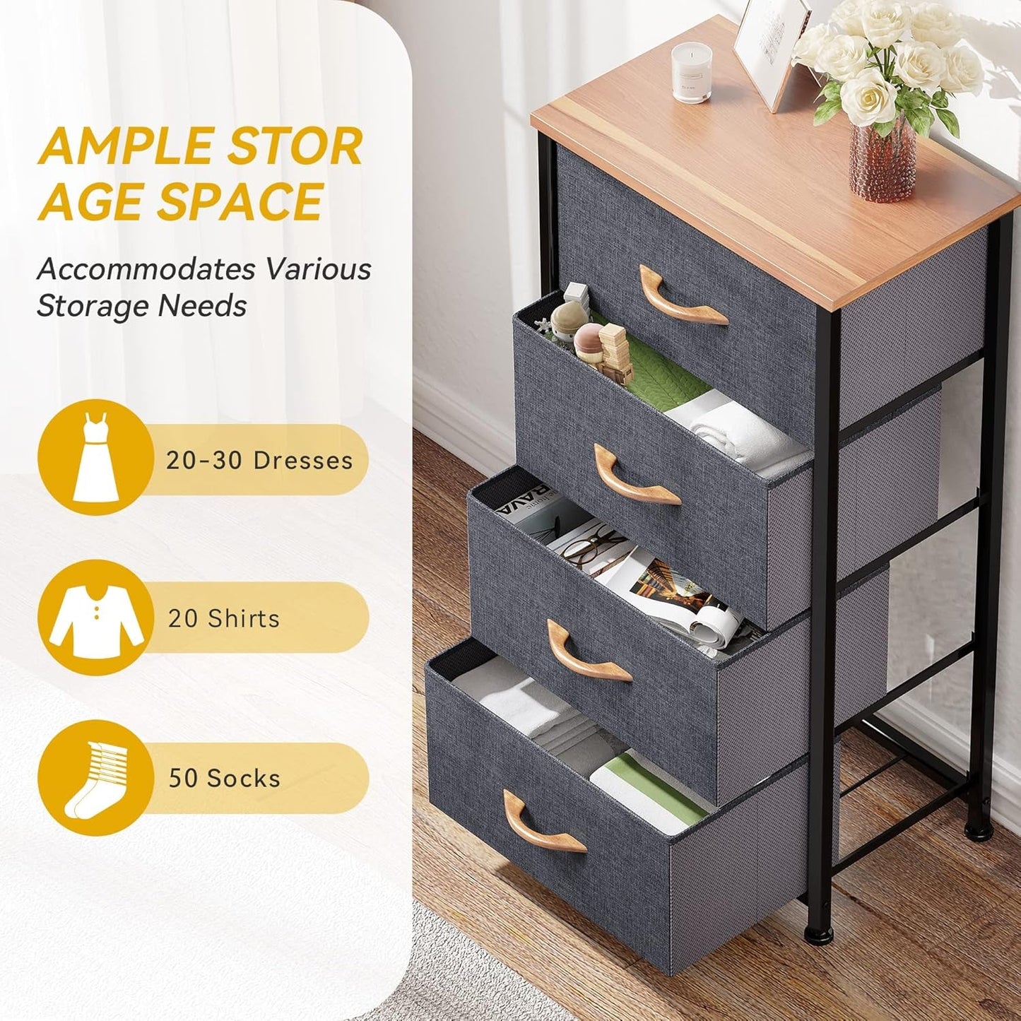 4 Drawer Dresser With Wooden Top And Fabric Storage