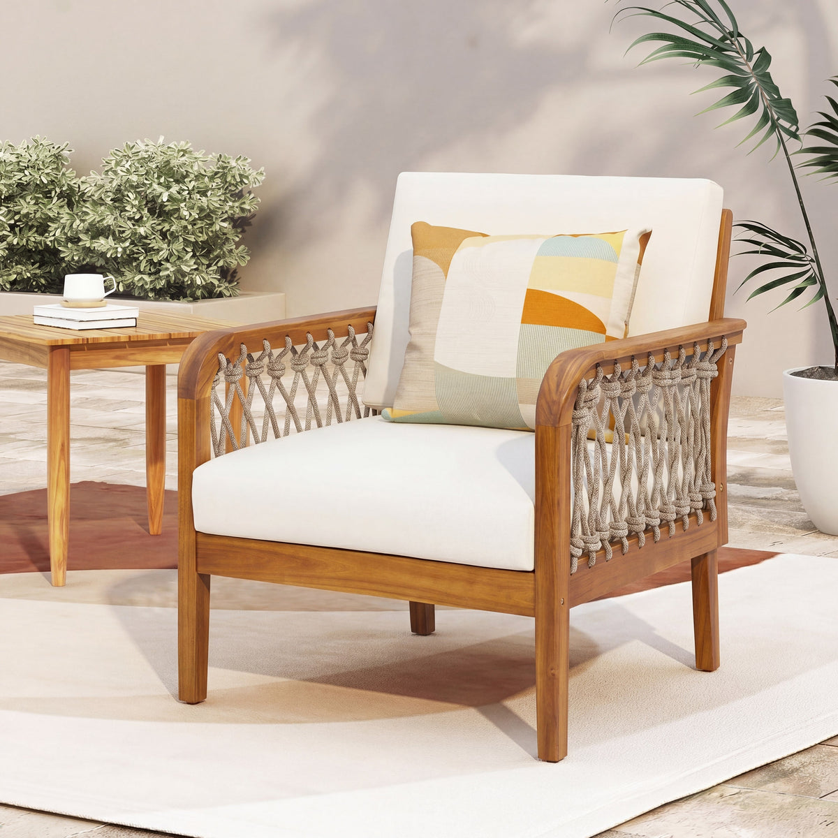 Outdoor Acacia Wood Club Chair with Handwoven Rope