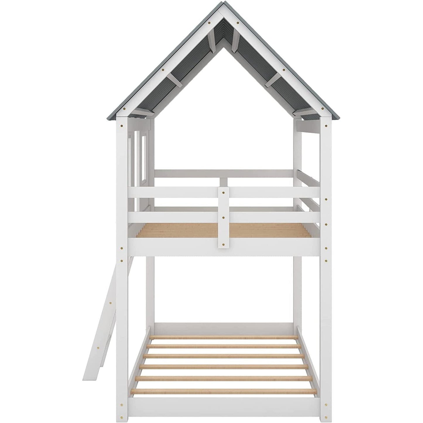 Twin House Bunk Bed With Playhouse White And Gray Finish