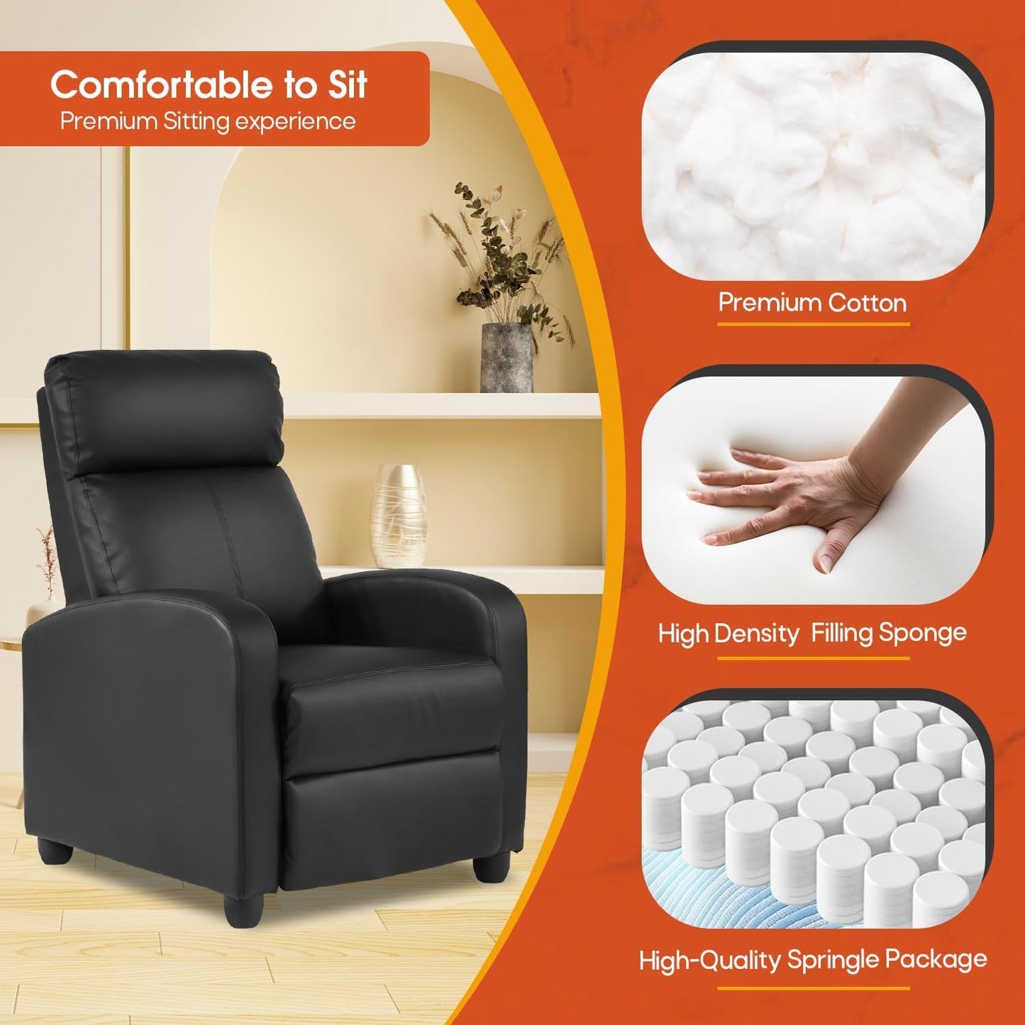 PU Leather Recliner Chair Black With Lumbar Support