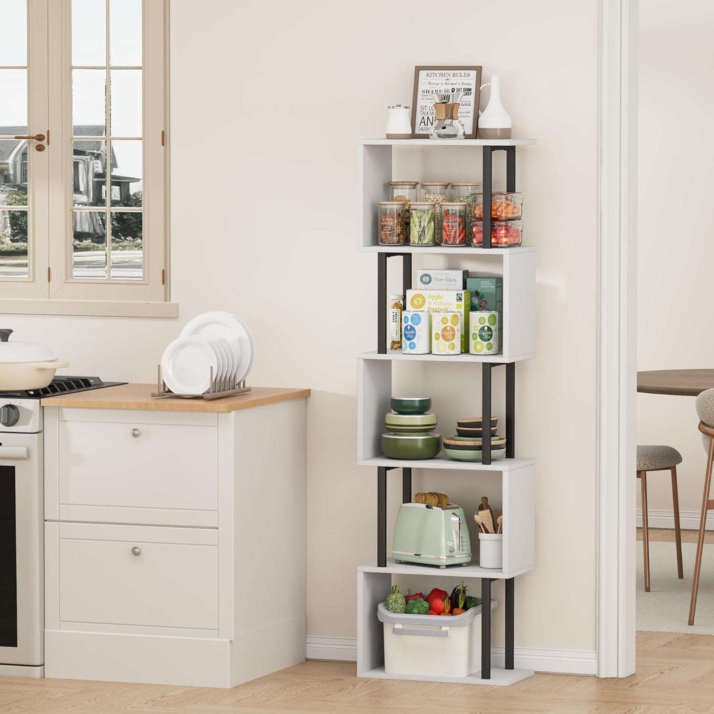 Five Tier Bookshelf White Bookcase Living Room Furniture