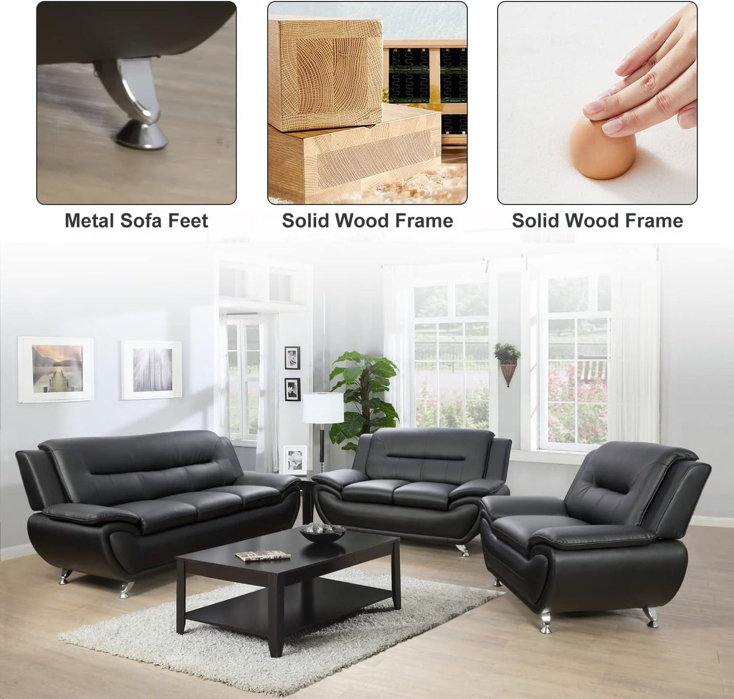 Leather Sofa and Loveseat Set for Living Room Black Leather Furniture