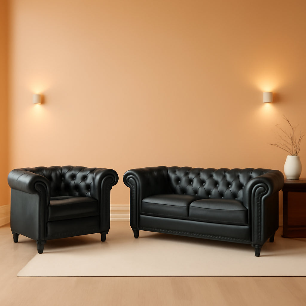 Two Piece Chesterfield Leather Living Room Set With Black Leather Loveseat And Chair