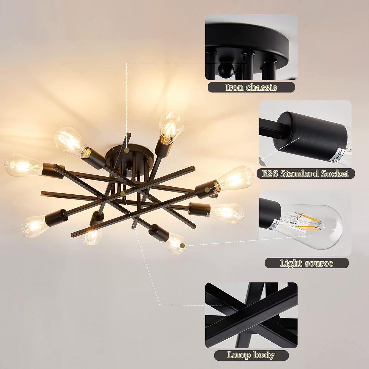 8 Light Matte Black Sputnik Chandelier Semi Flush Mount with iron chassis and standard socket, showcasing modern design features.